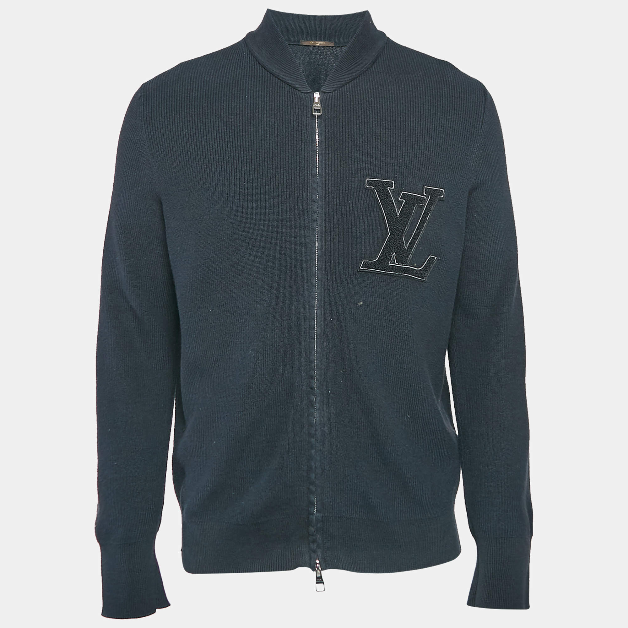 Louis Vuitton Navy Blue LV Patch Rib Knit Zip Up Jacket XS