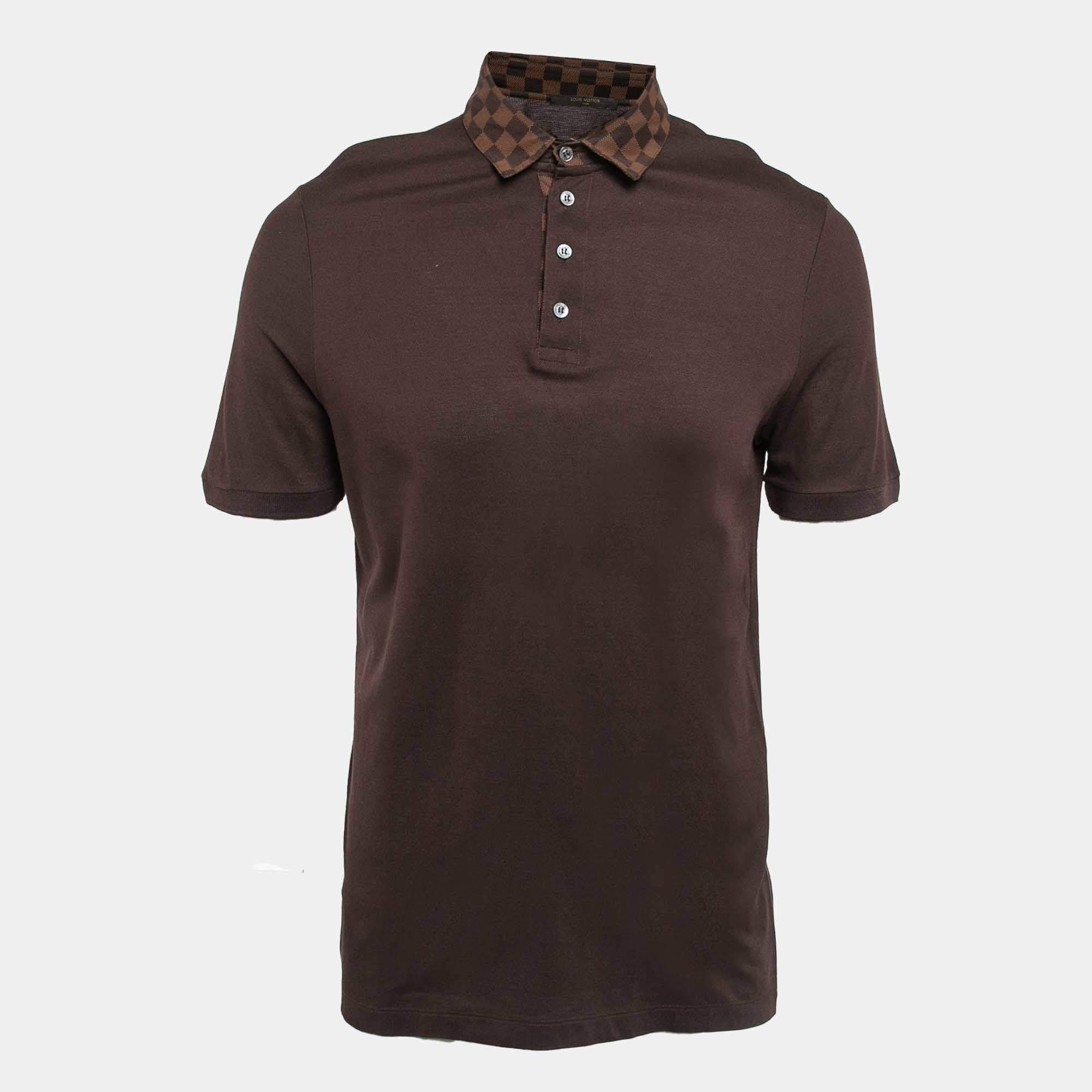 Pre Owned Louis Vuitton Brown Cotton Damier Ebene Detailed Polo T-Shirt L