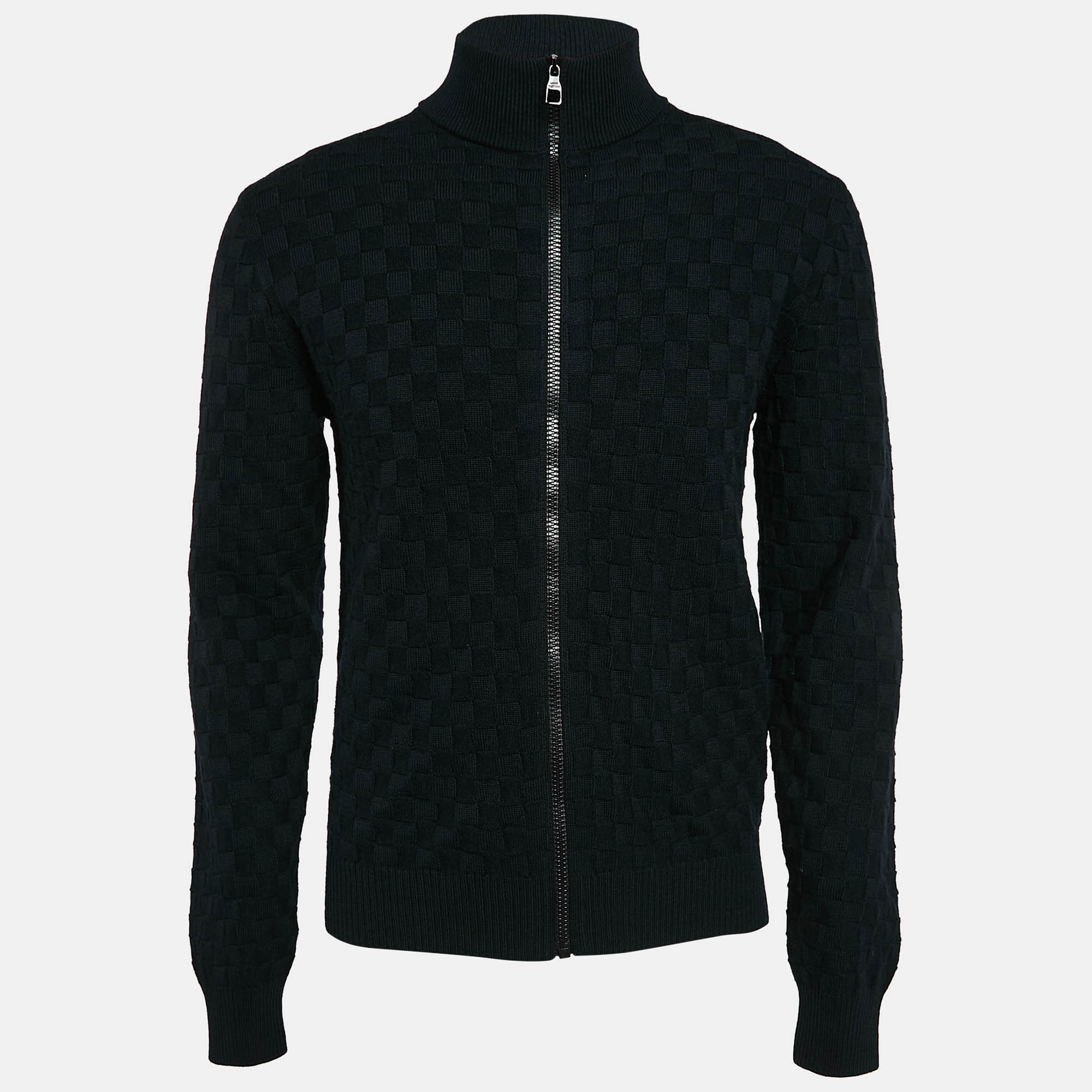 Louis Vuitton Navy Blue Wool Damier Knit Zip-Up Jacket XS