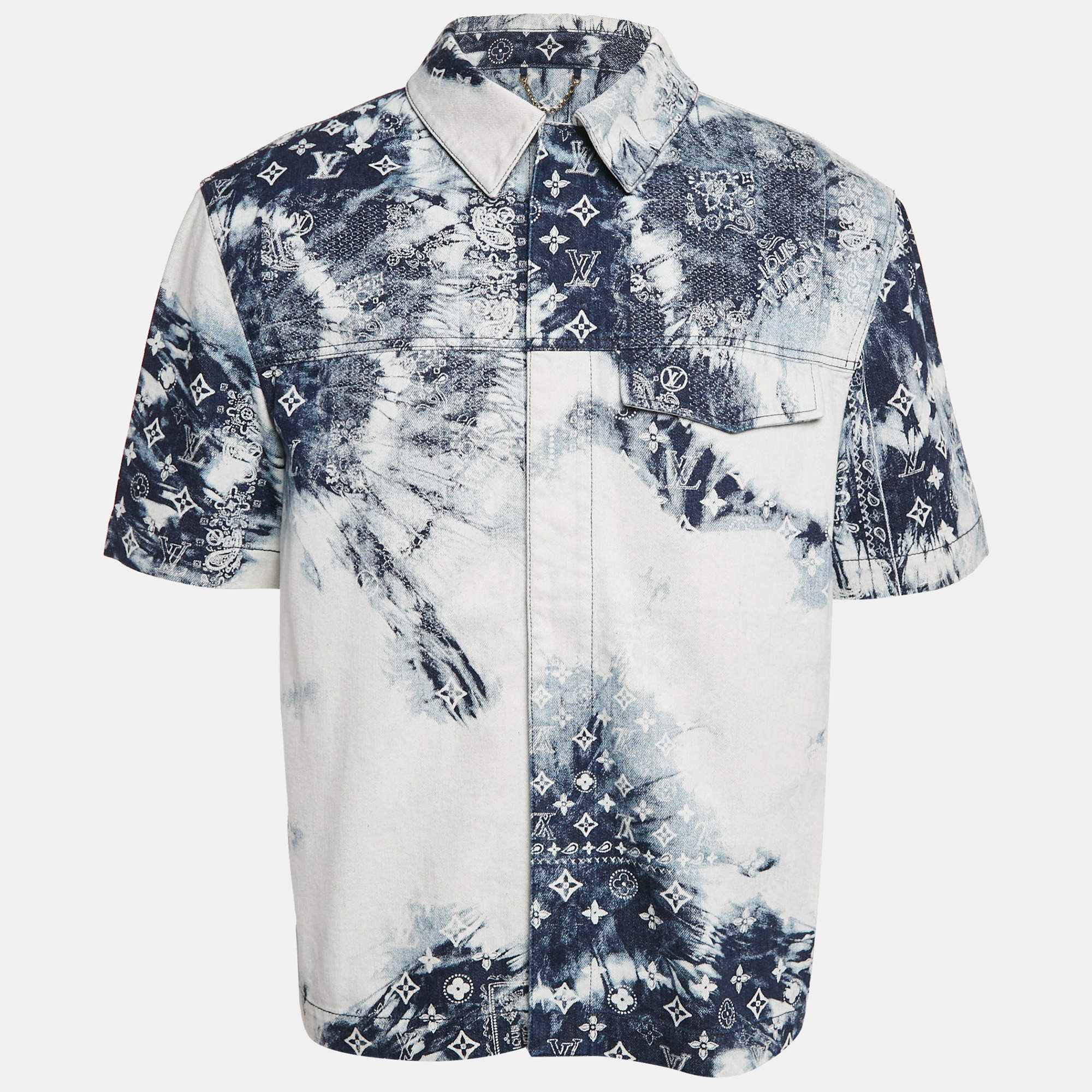 Pre Owned Louis Vuitton Blue Monogram  Bandana Denim Short Sleeve Shirt M
