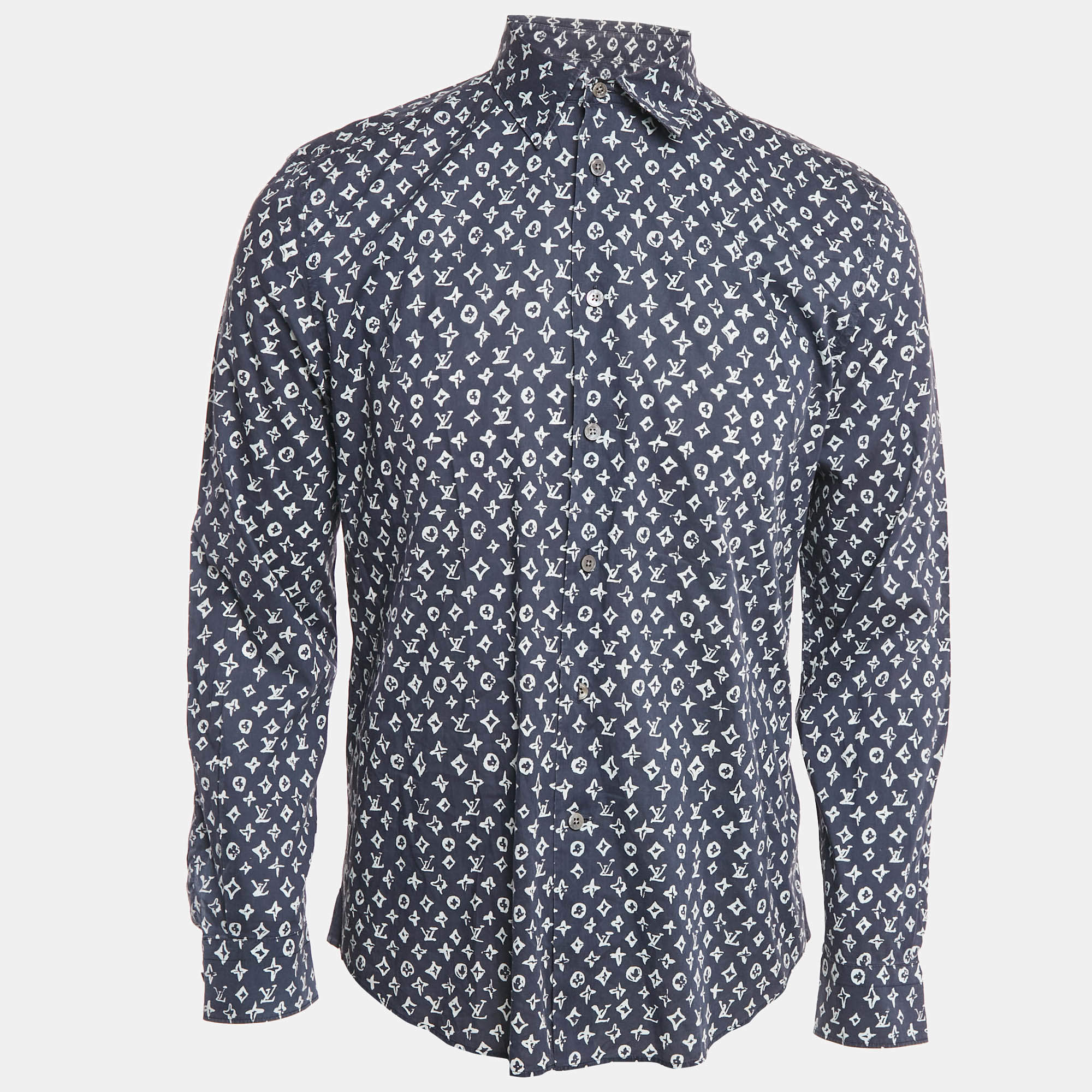 Louis Vuitton Navy Blue Logo Print Cotton Button Front Shirt M