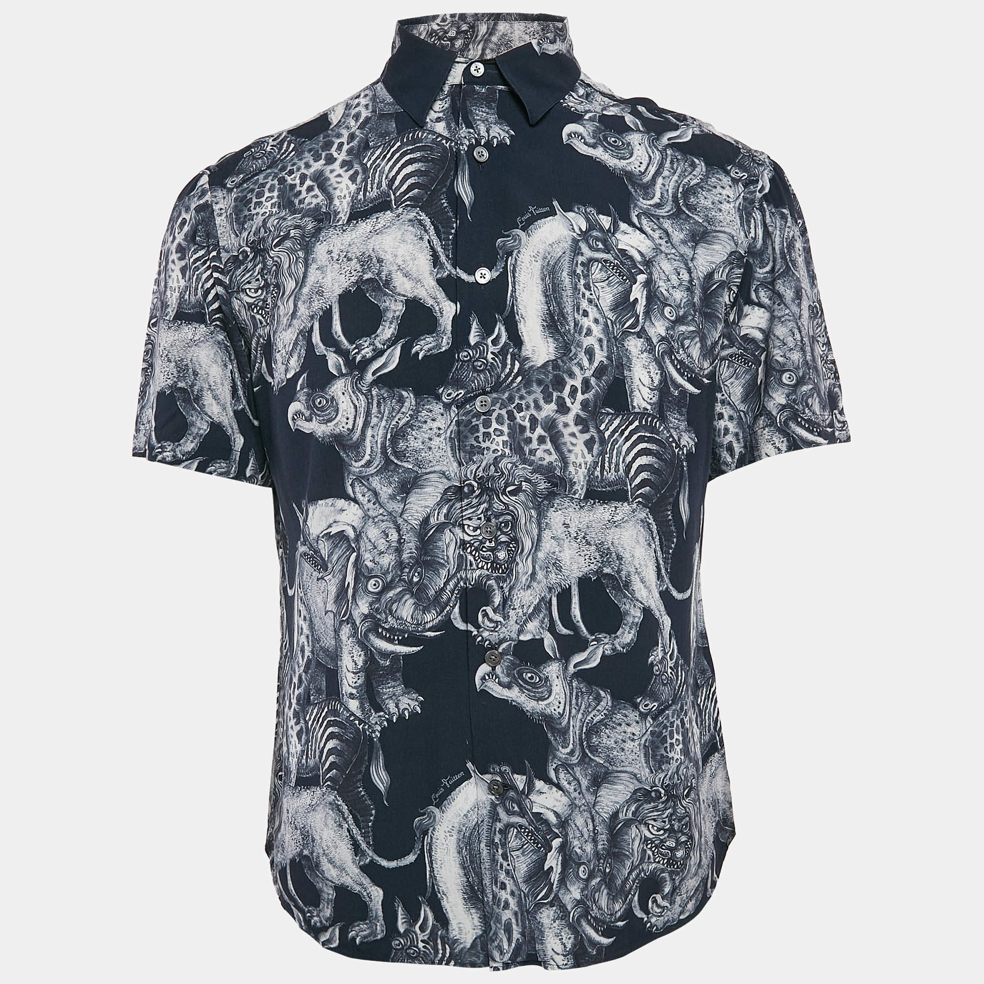 مملوكة مسبقًا Louis Vuitton Navy Blue Printed Half Sleeve Button Front Shirt M