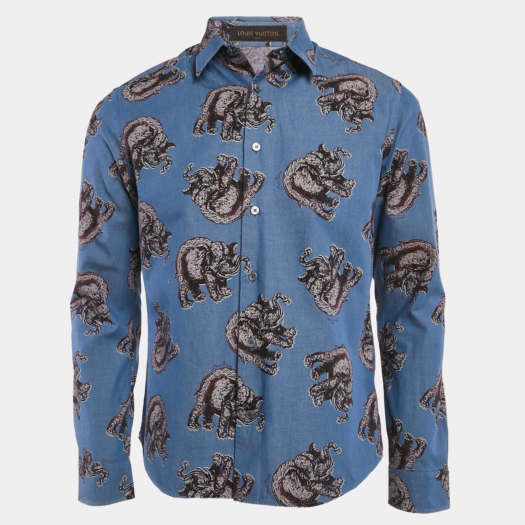 Louis Vuitton Blue Elephant Print Cotton Shirt M