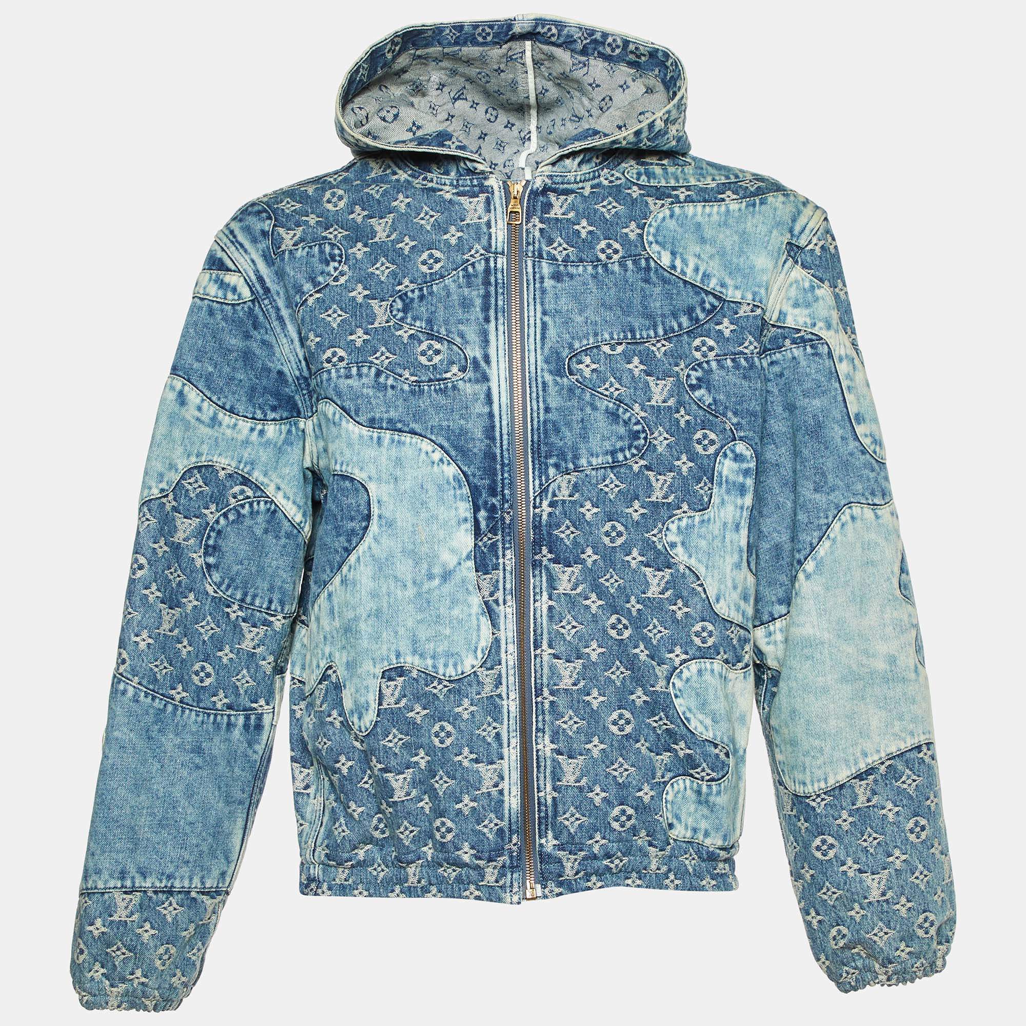 Pre Owned Louis Vuitton Blue Logo Jacquard Denim Hooded Zip-Up Jacket S