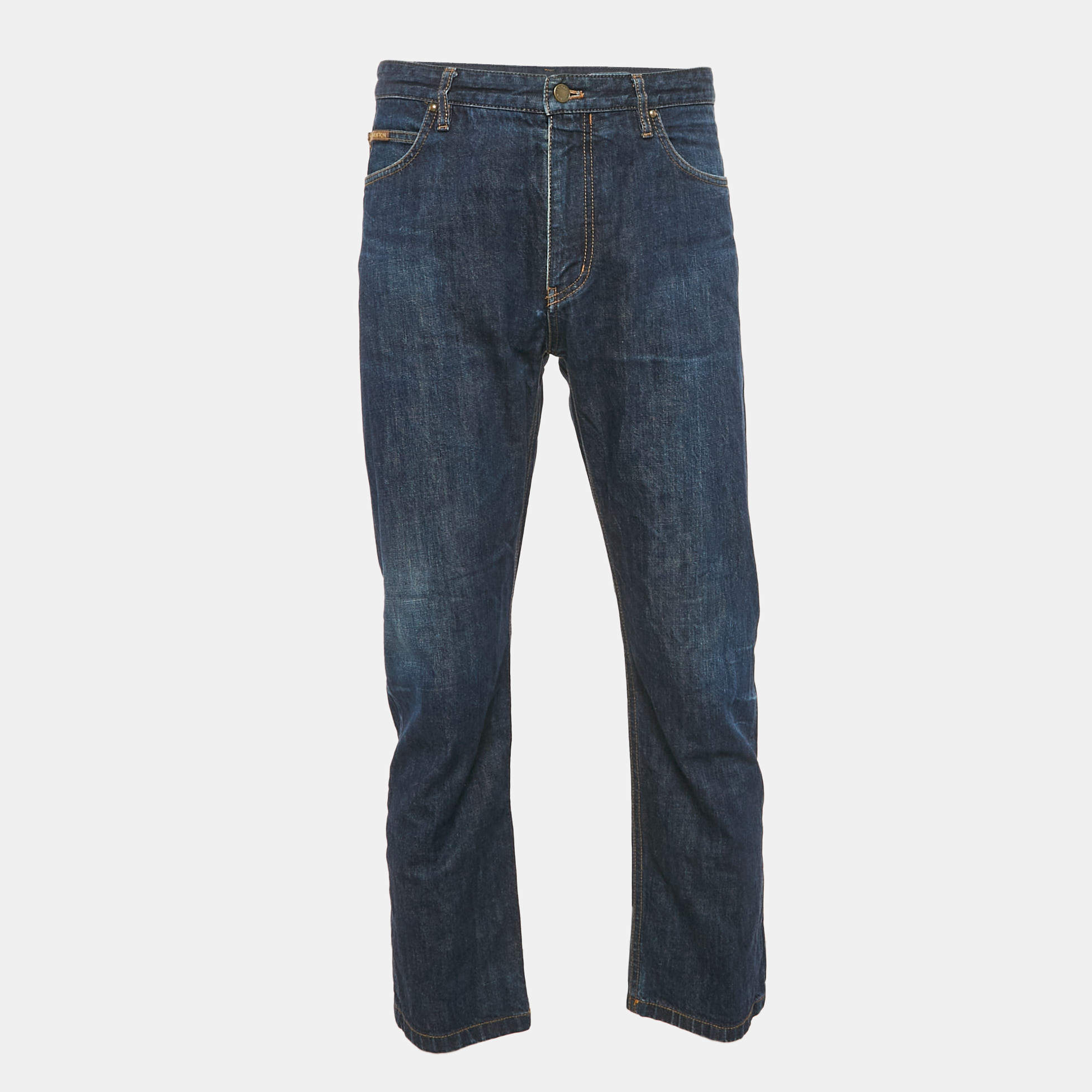 Louis Vuitton Blue Denim Leather Tab Detail Regular Jeans L Waist 35"