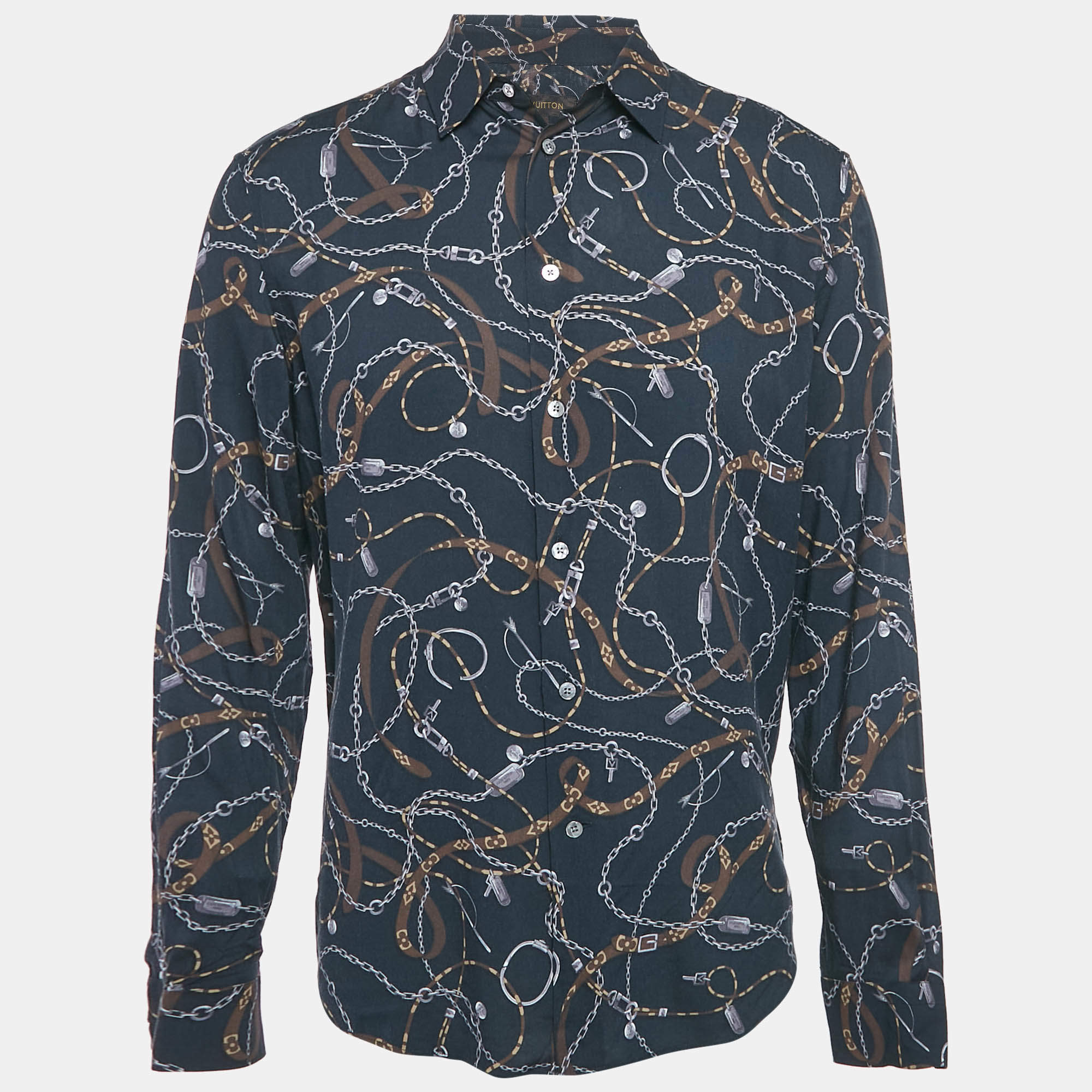 Louis Vuitton Navy Blue Twisted Chain Print Crepe Long Sleeve Shirt M