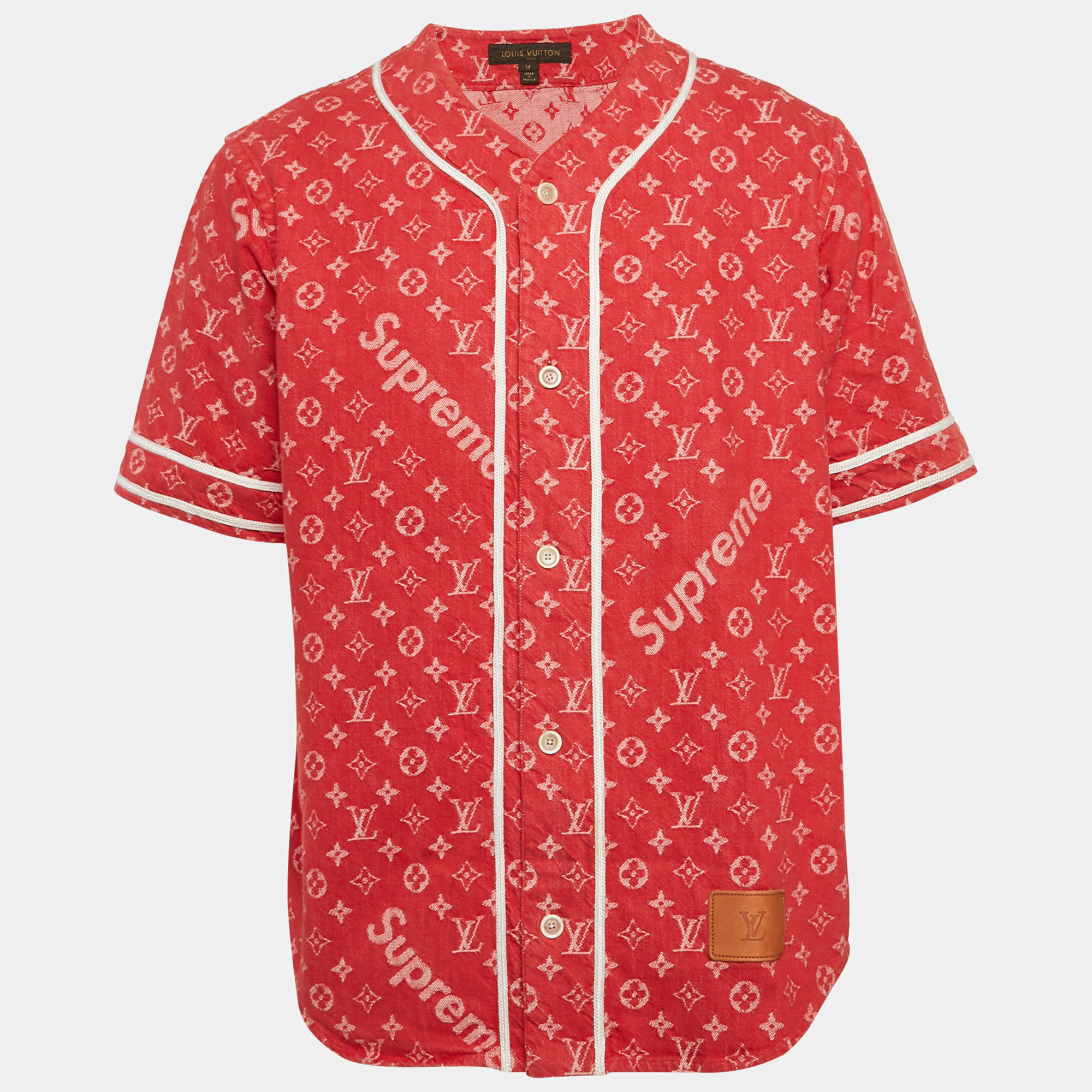 Louis Vuitton x Supreme Red Monogram Denim Baseball Shirt M