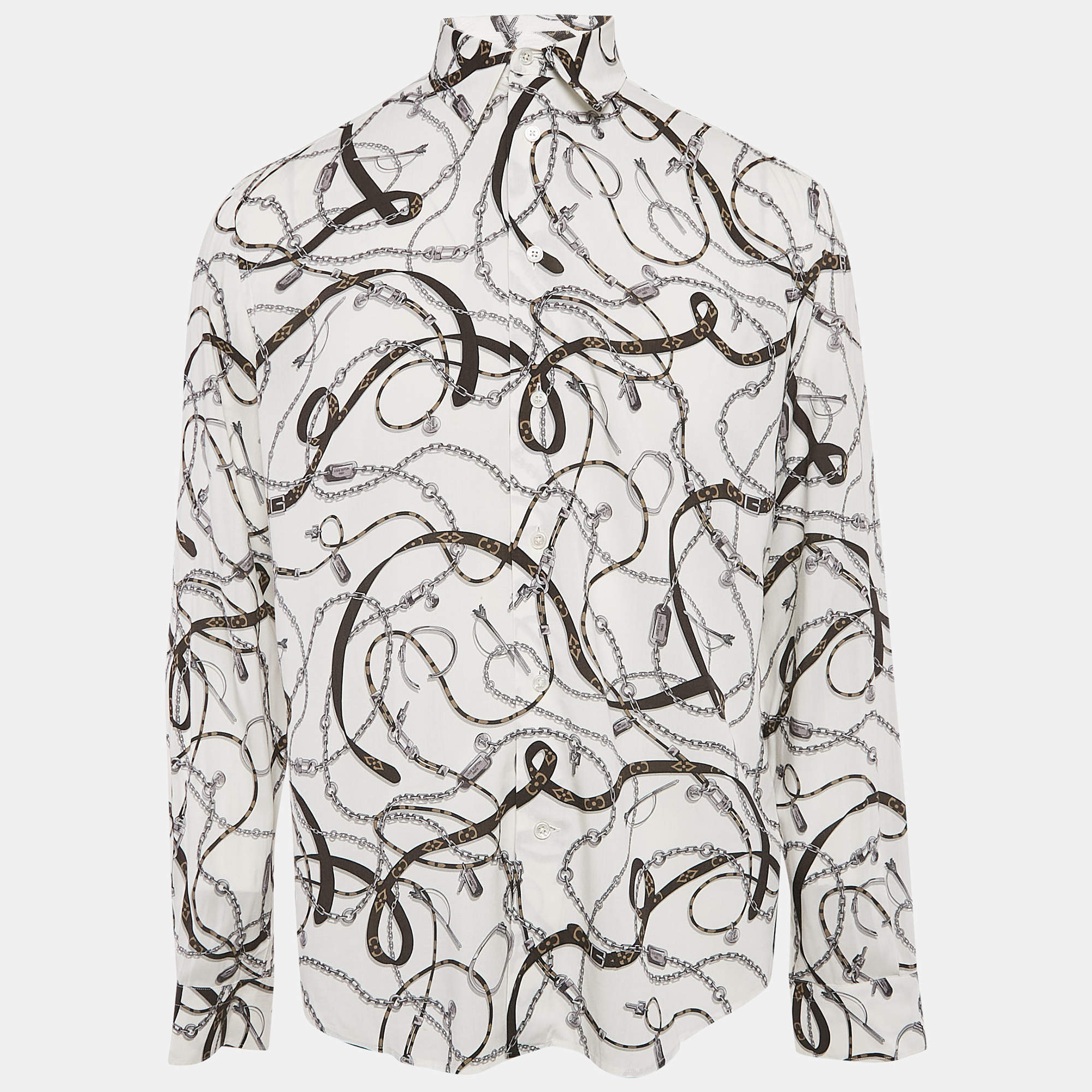 Louis Vuitton White Chain and Belt Print Crepe Shirt M