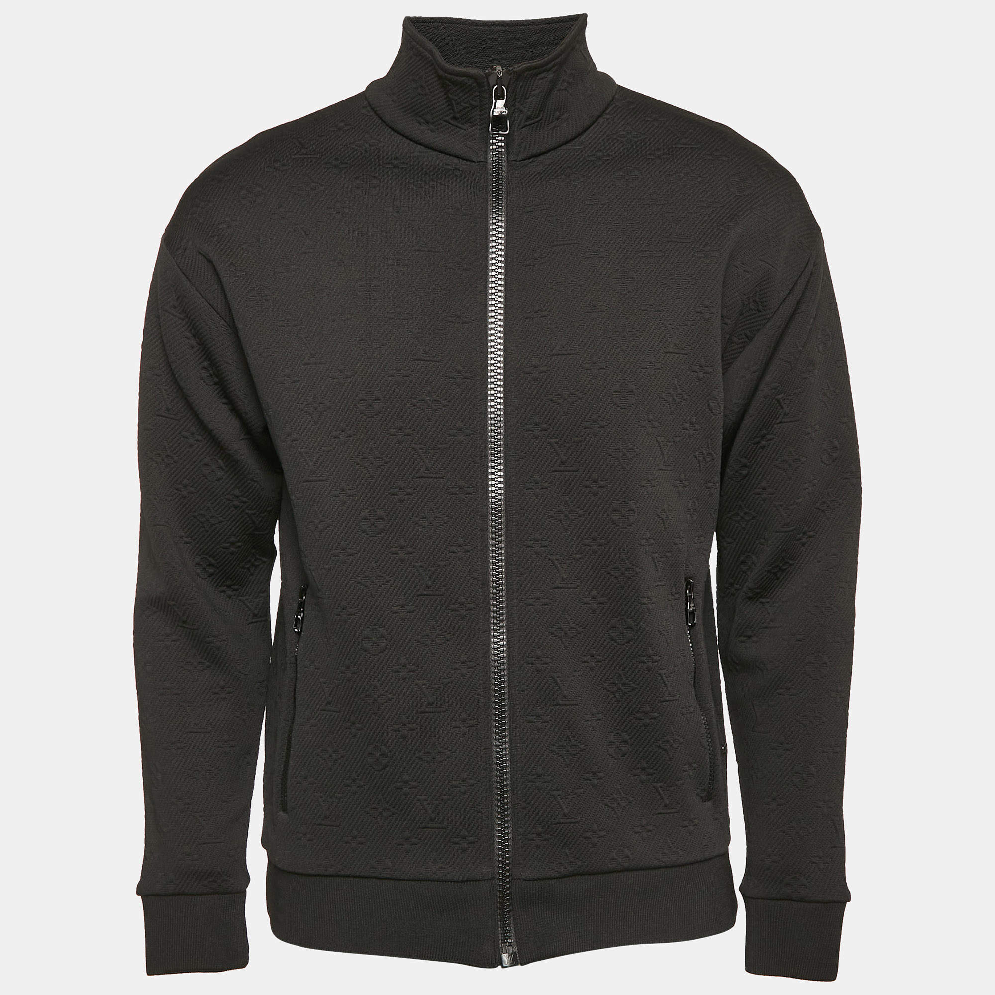 Louis Vuitton Black Monogram Textured Knit Zip Up Jacket S