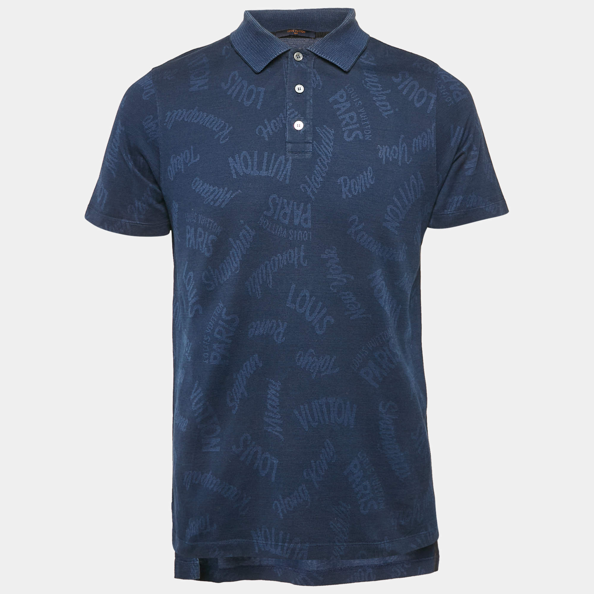 Louis Vuitton Blue Logo Print Cotton Pique Polo T-Shirt L