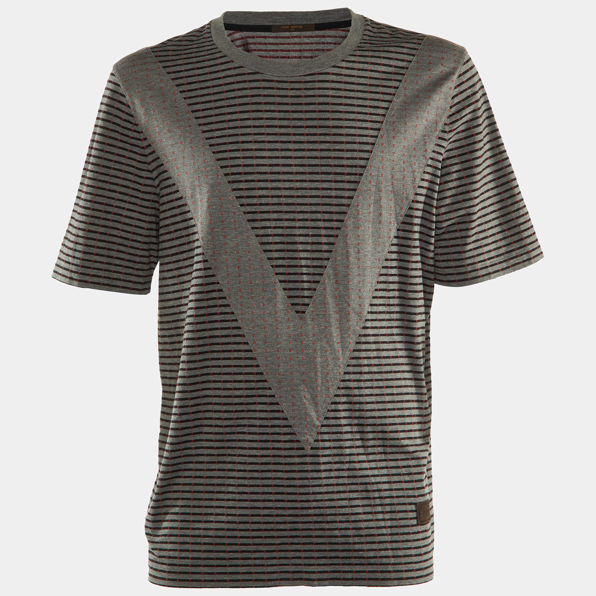 Louis Vuitton Grey Striped Cotton V Detail Crew Neck T-Shirt XXL