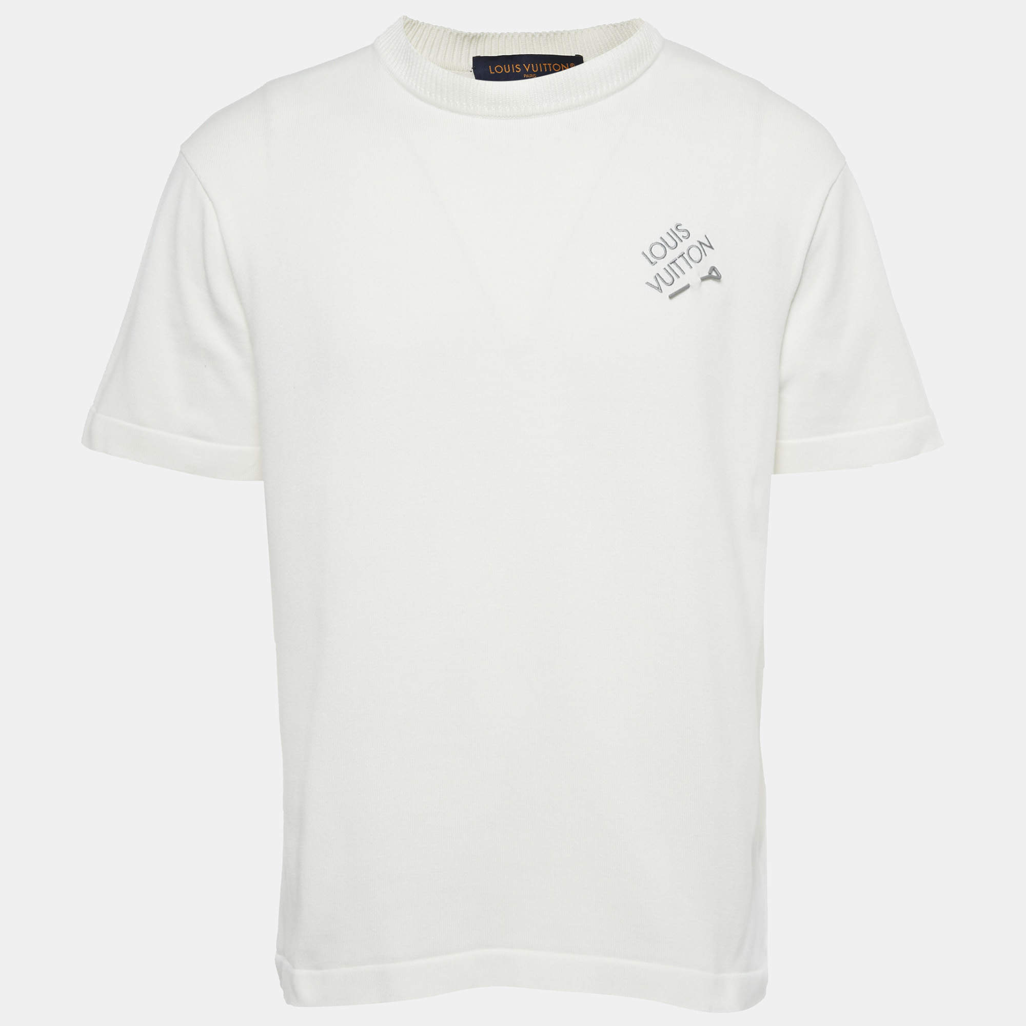 Pre Owned Louis Vuitton White Logo Embroidery Cotton Crew Neck T-Shirt M