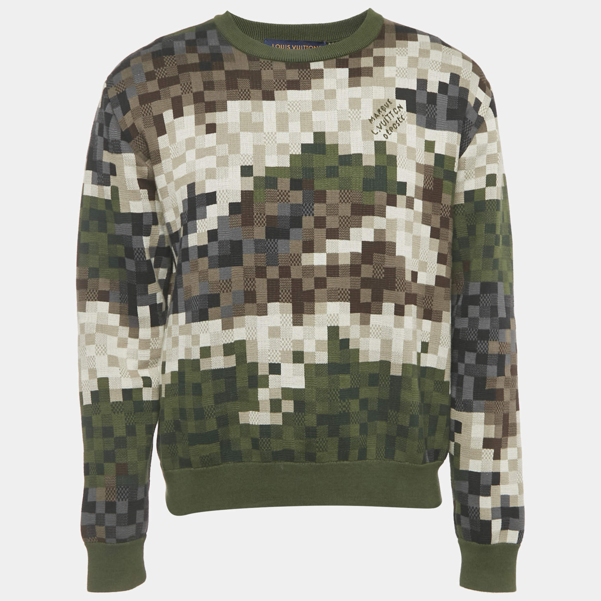 Pre Owned Louis Vuitton Green Damier Cotton Jacquard Stud Detail Pullover M