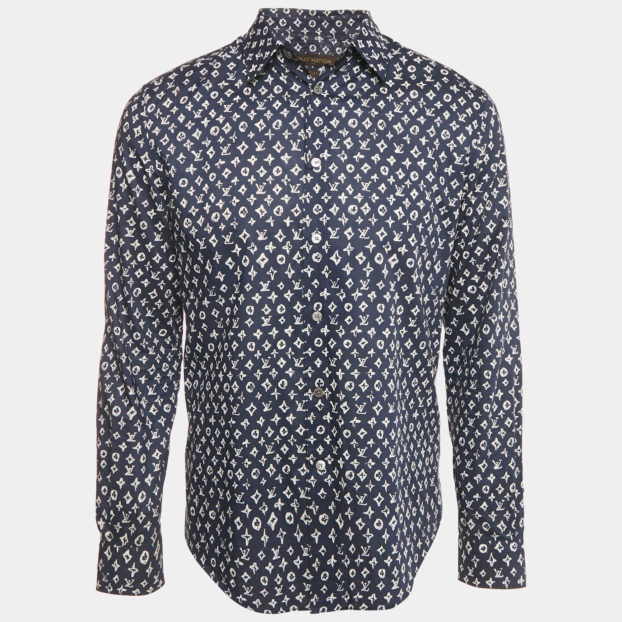 Pre Owned Louis Vuitton Blue Monogram Print Cotton Regular Fit Shirt M