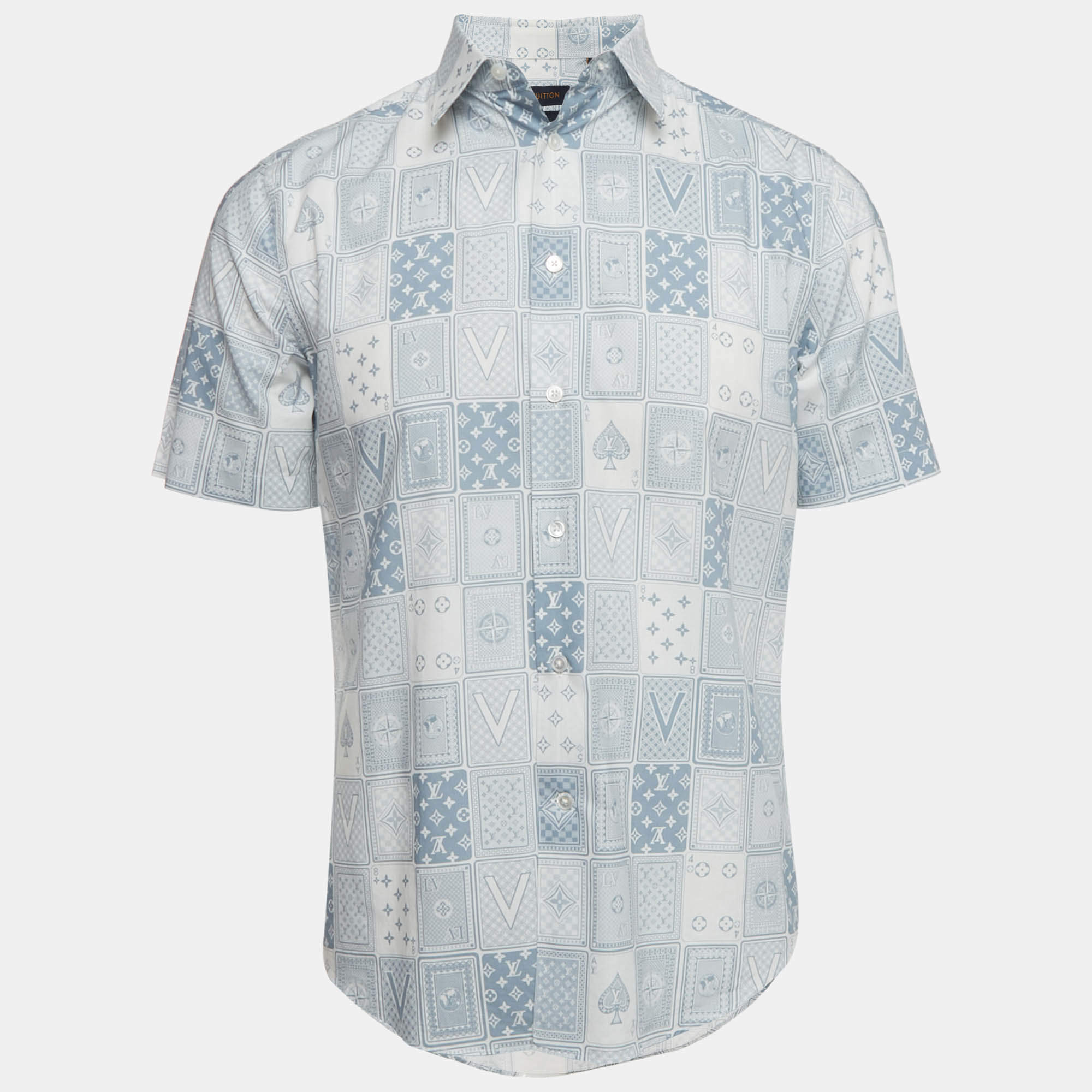 Pre Owned قميص لوي فيتون أكمام قصيرة شعار مطبوع أبيض وأزرق مقاس صغير (سمول)