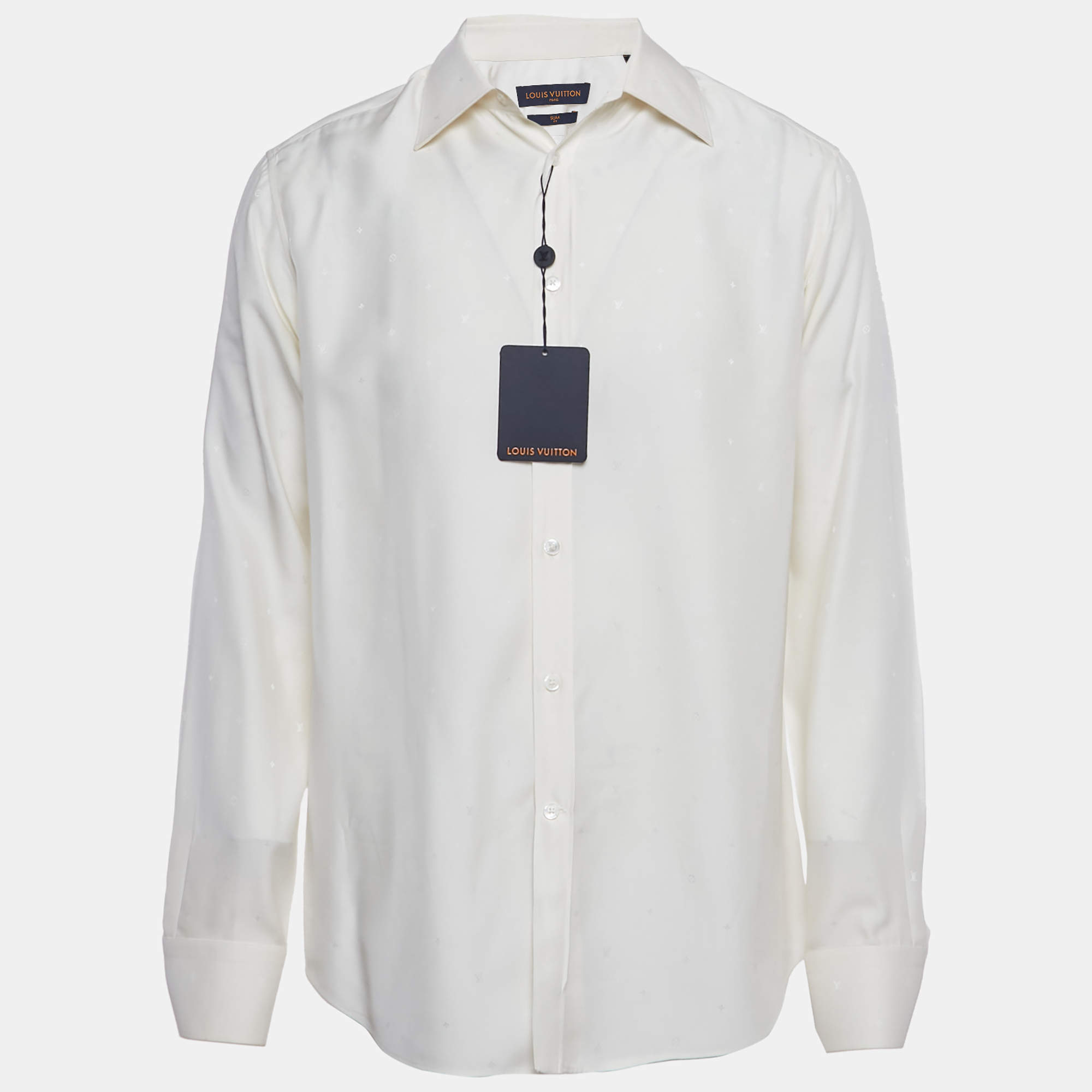 Pre Owned Louis Vuitton Cream Monogram Silk Long Sleeve Shirt M