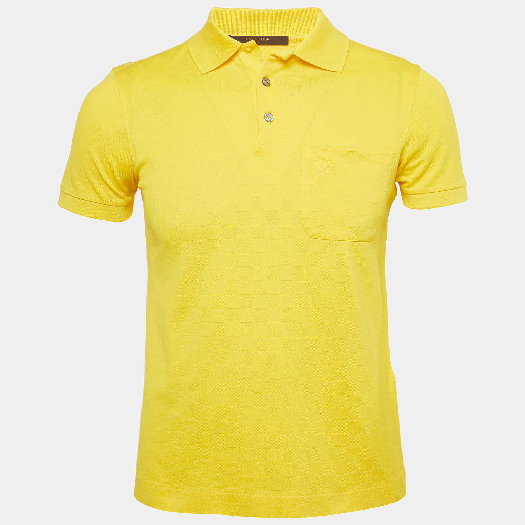 Pre Owned Louis Vuitton Yellow Damier Jacquard Knit Polo T-Shirt XS