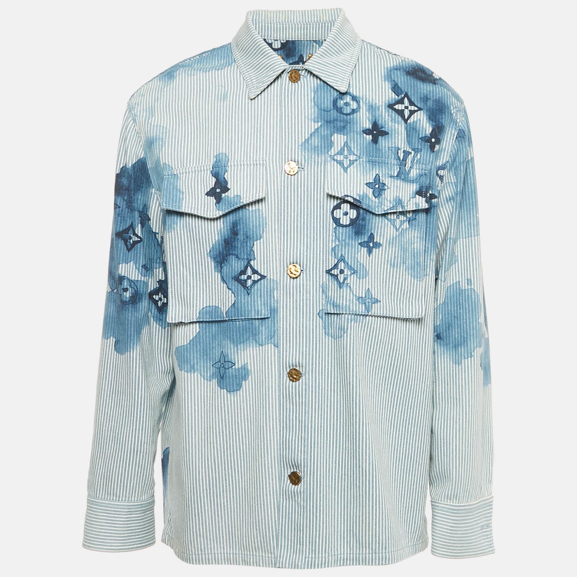 Pre Owned Louis Vuitton Blue Monogram & Watercolor Print Denim Oversized Shirt M