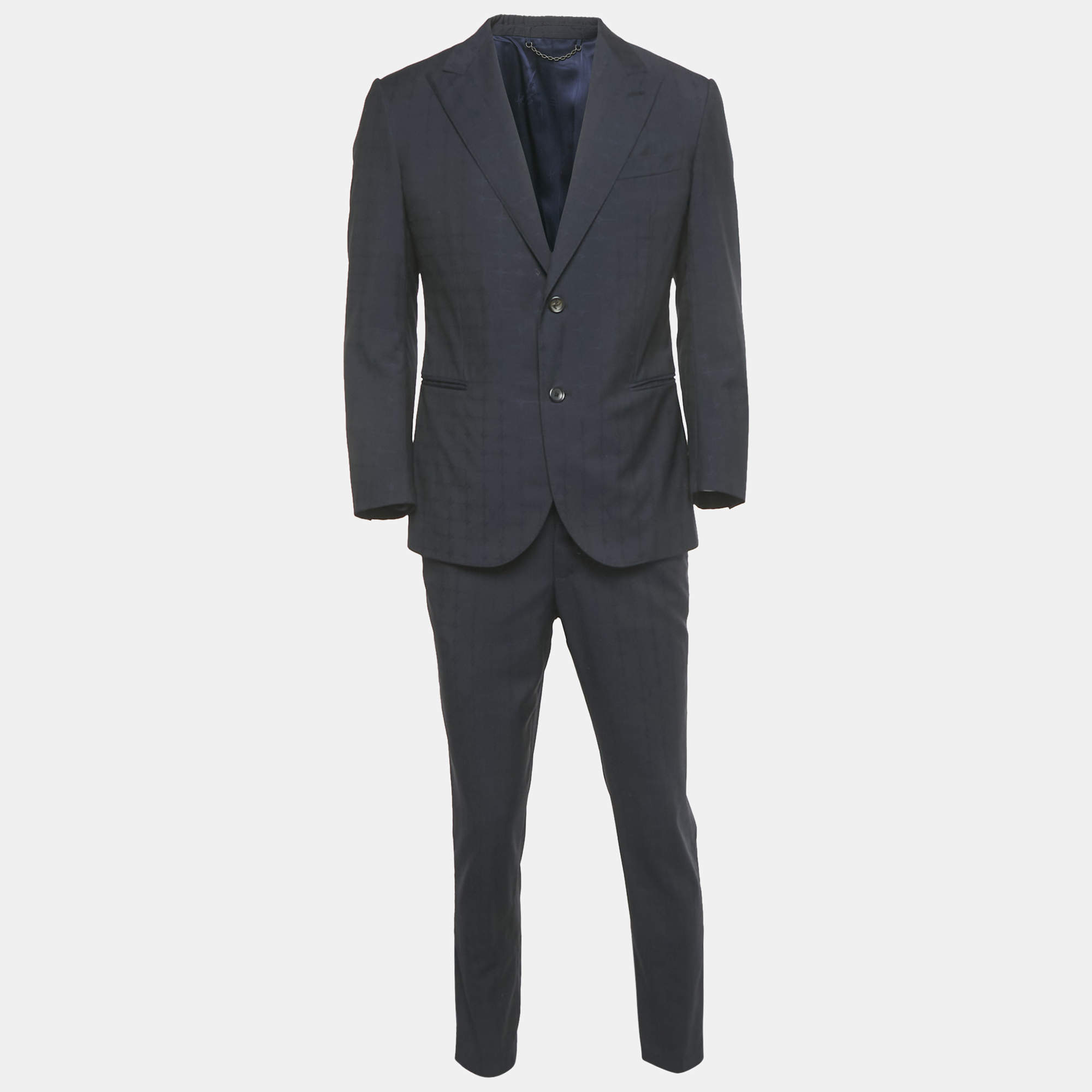 Pre Owned Louis Vuitton Navy Blue Checkered Wool Suit L