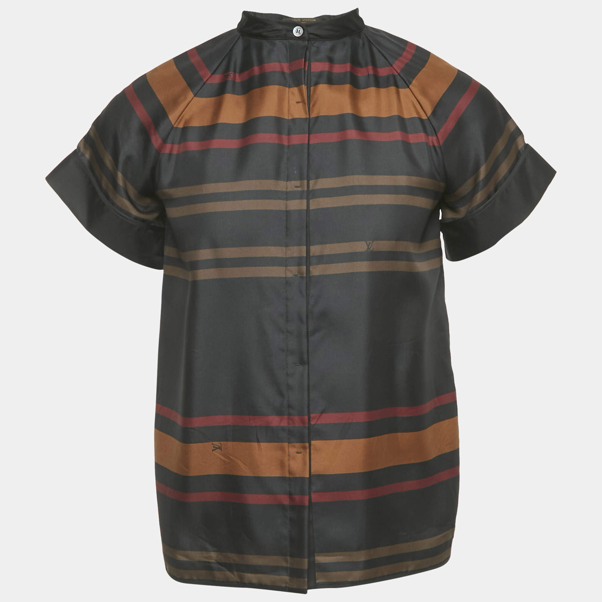 Pre Owned قميص لويس فيتون حرير أسود بطبعة مخططة وأزرار أمامية مقاس صغير