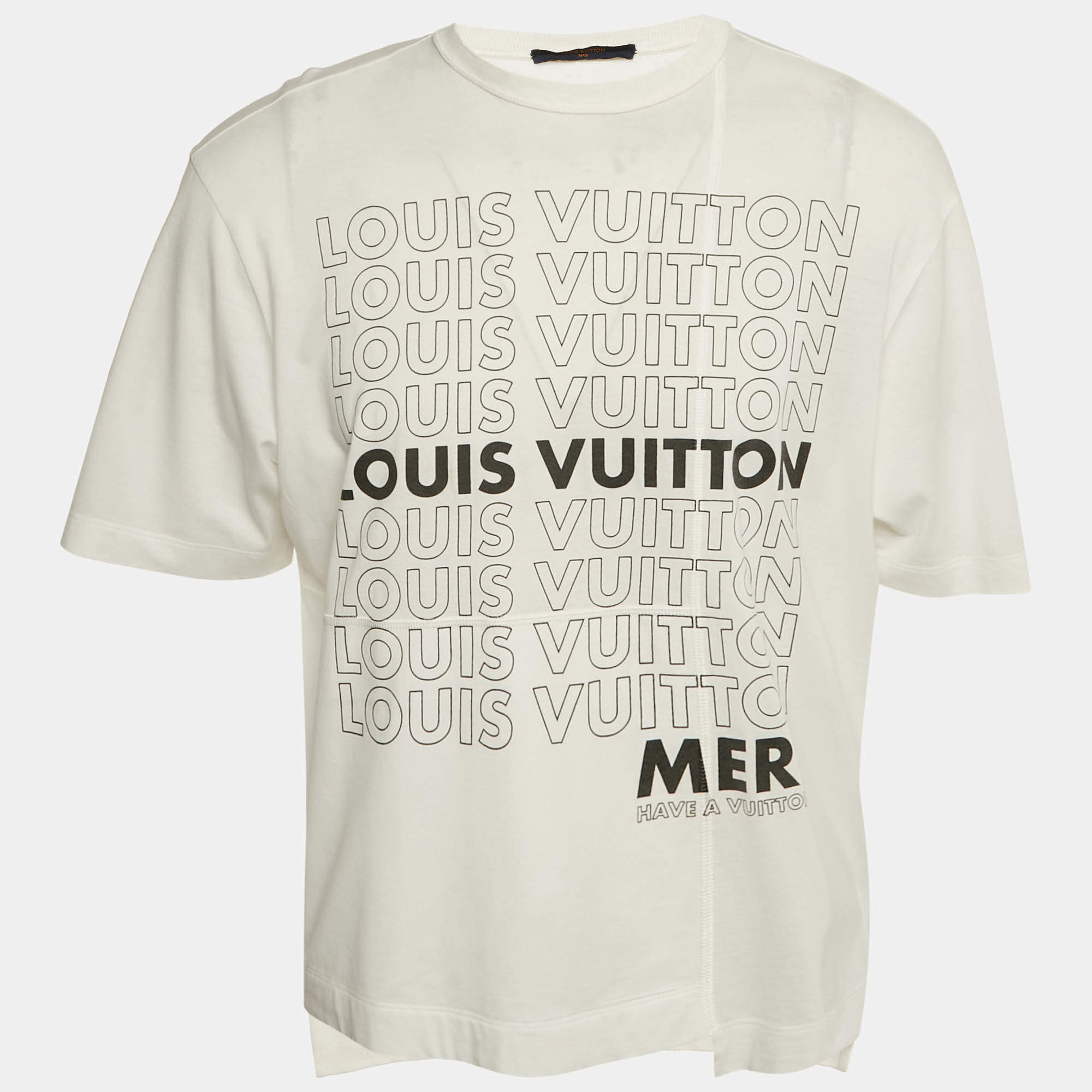 Pre Owned تي شيرت لوي فيتون أبيض بطبعة شعار قميص جيرسي برقبة دائرية مقاس صغير جداً