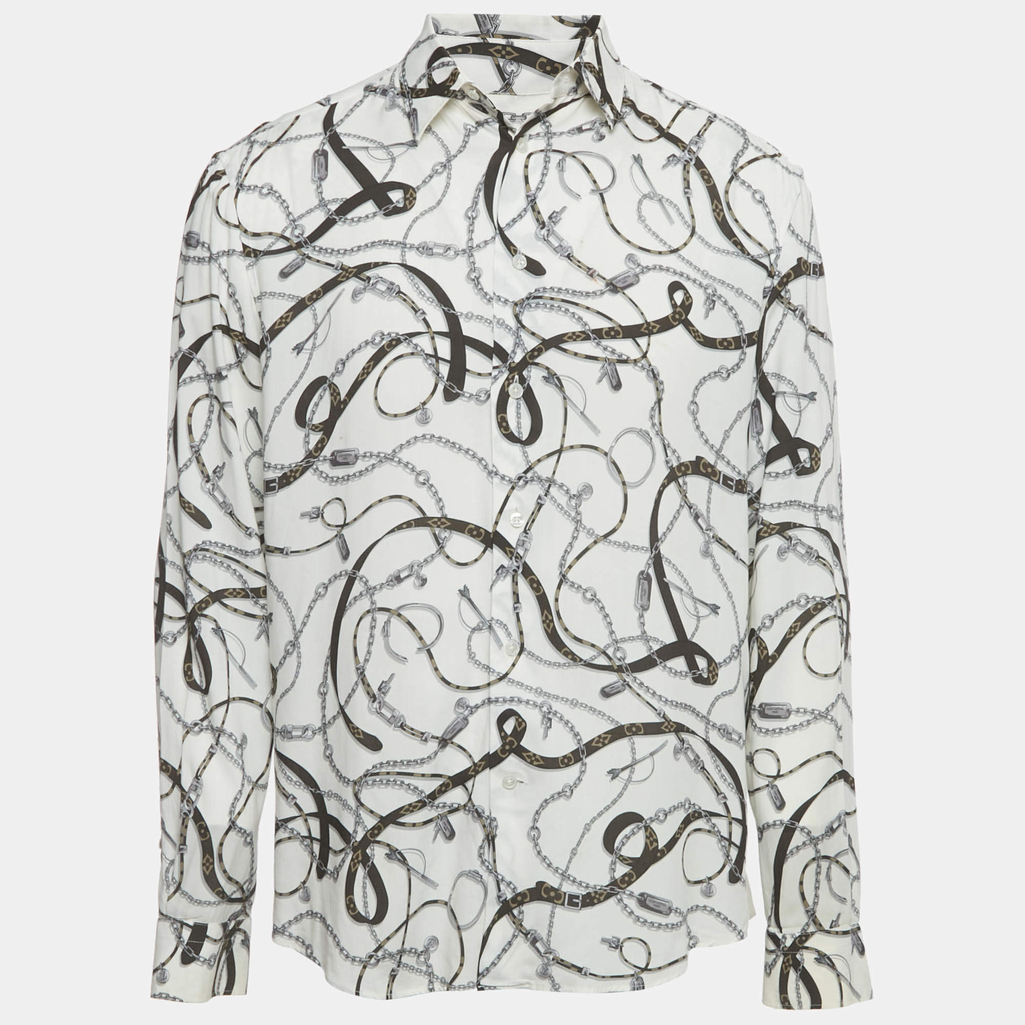 Pre Owned Louis Vuitton White Chain and Belt Print Crepe Regular Fit Shirt M