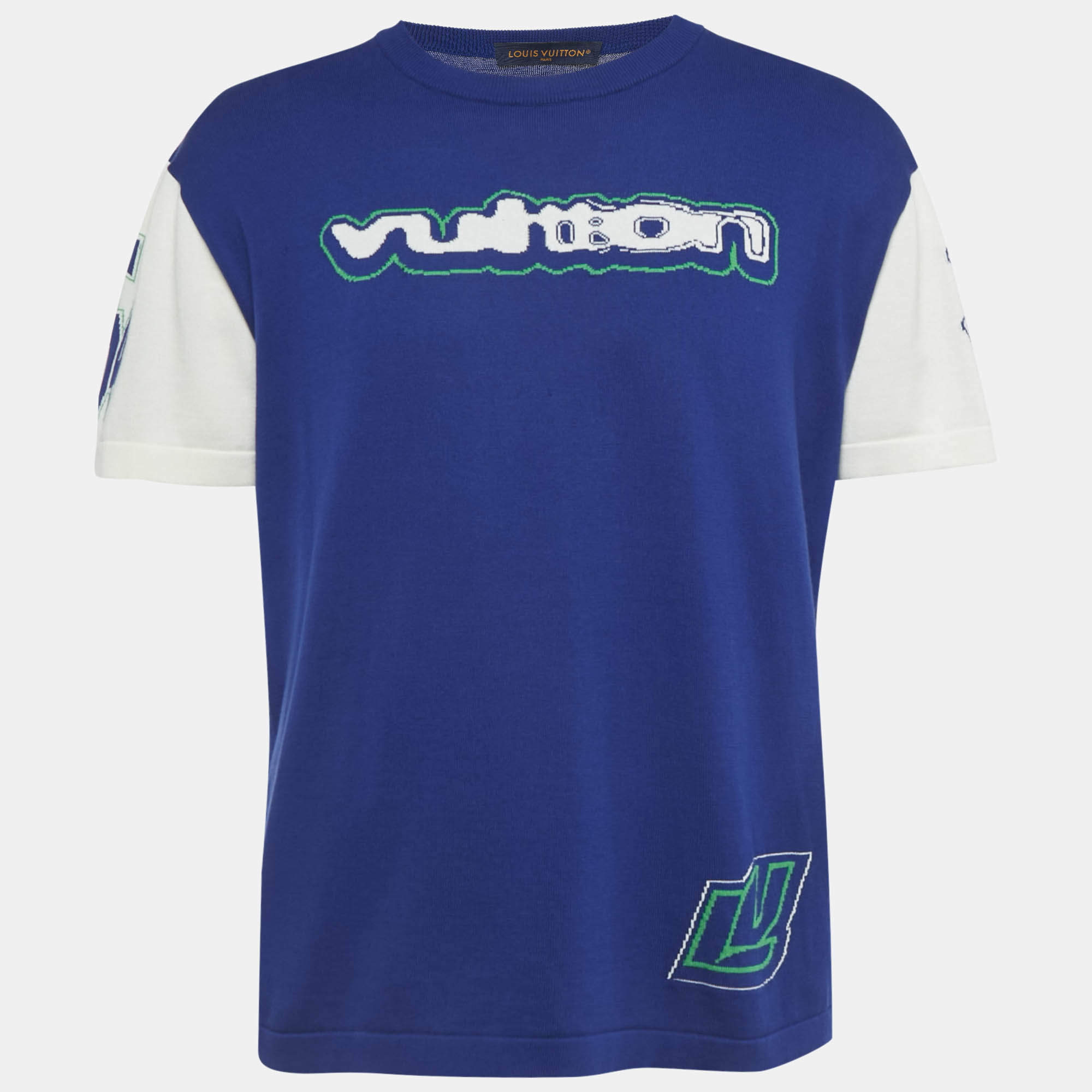 Pre Owned Louis Vuitton White/Blue Intarsia Cotton Knit Crewneck T-Shirt L