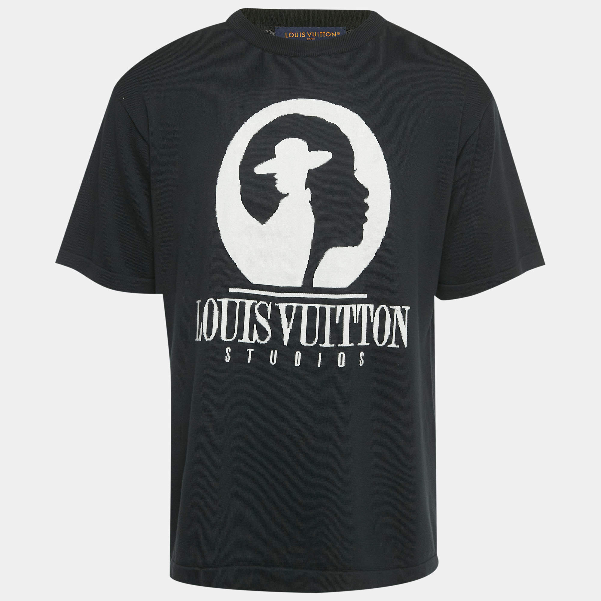 Pre Owned Louis Vuitton Black Logo Intarsia Knit Crewneck T-Shirt L