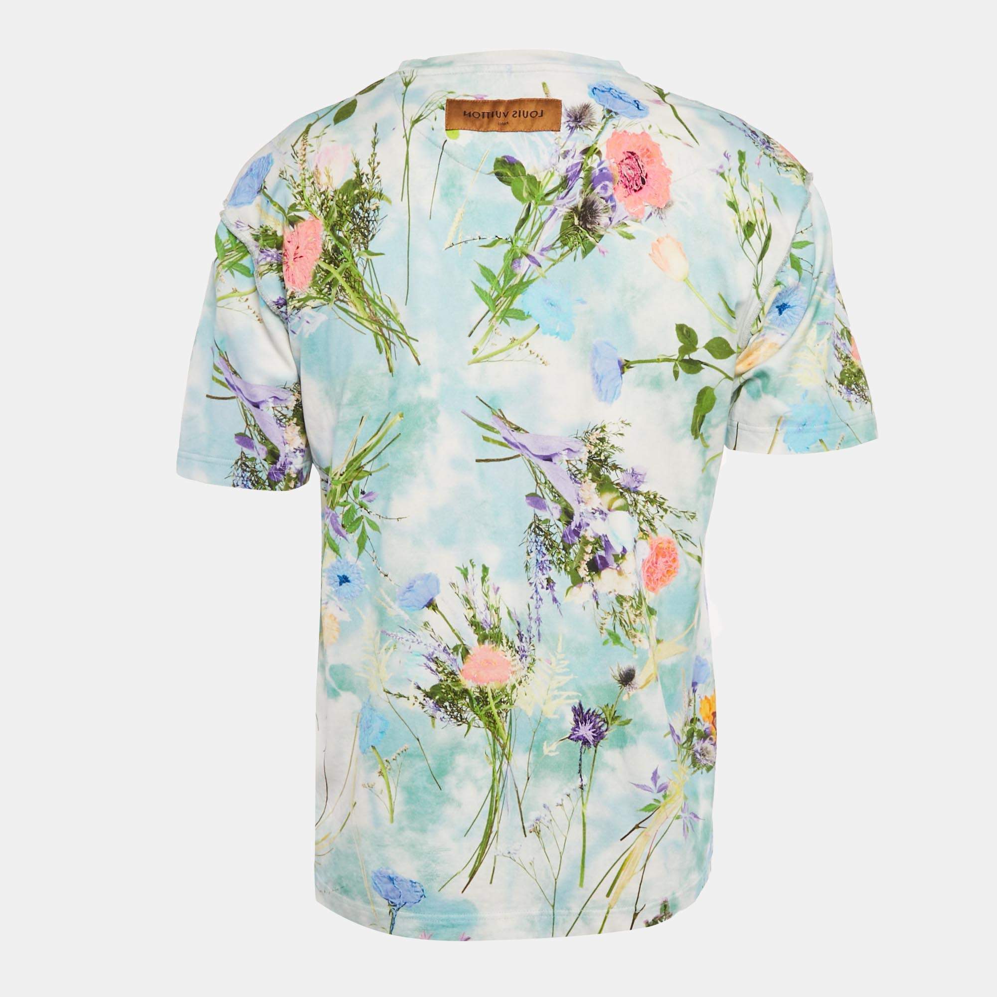 Pre Owned Louis Vuitton Blue Floral Print Jersey T-Shirt M