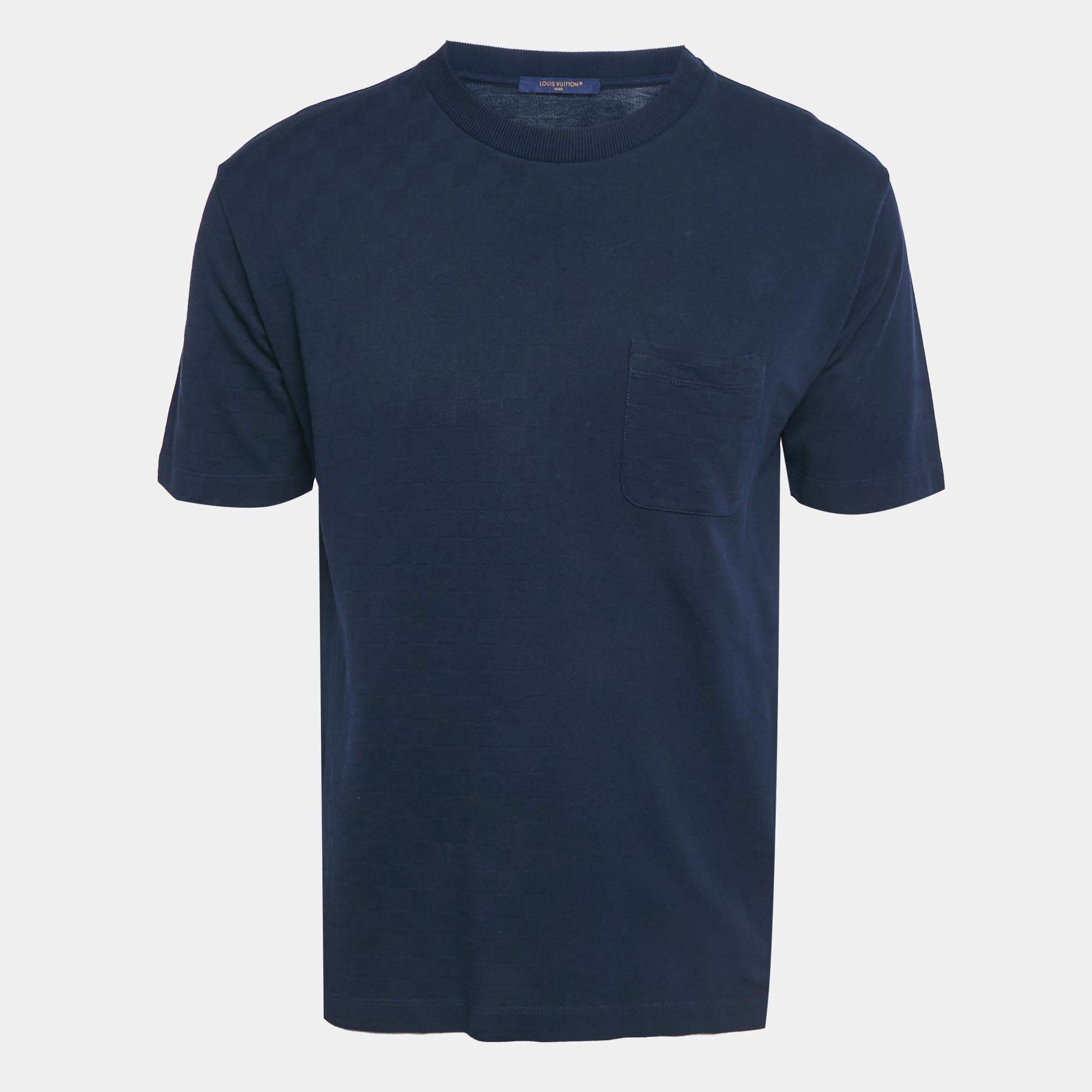 Pre Owned Louis Vuitton Navy Blue Damier Jersey Crewneck T-Shirt M