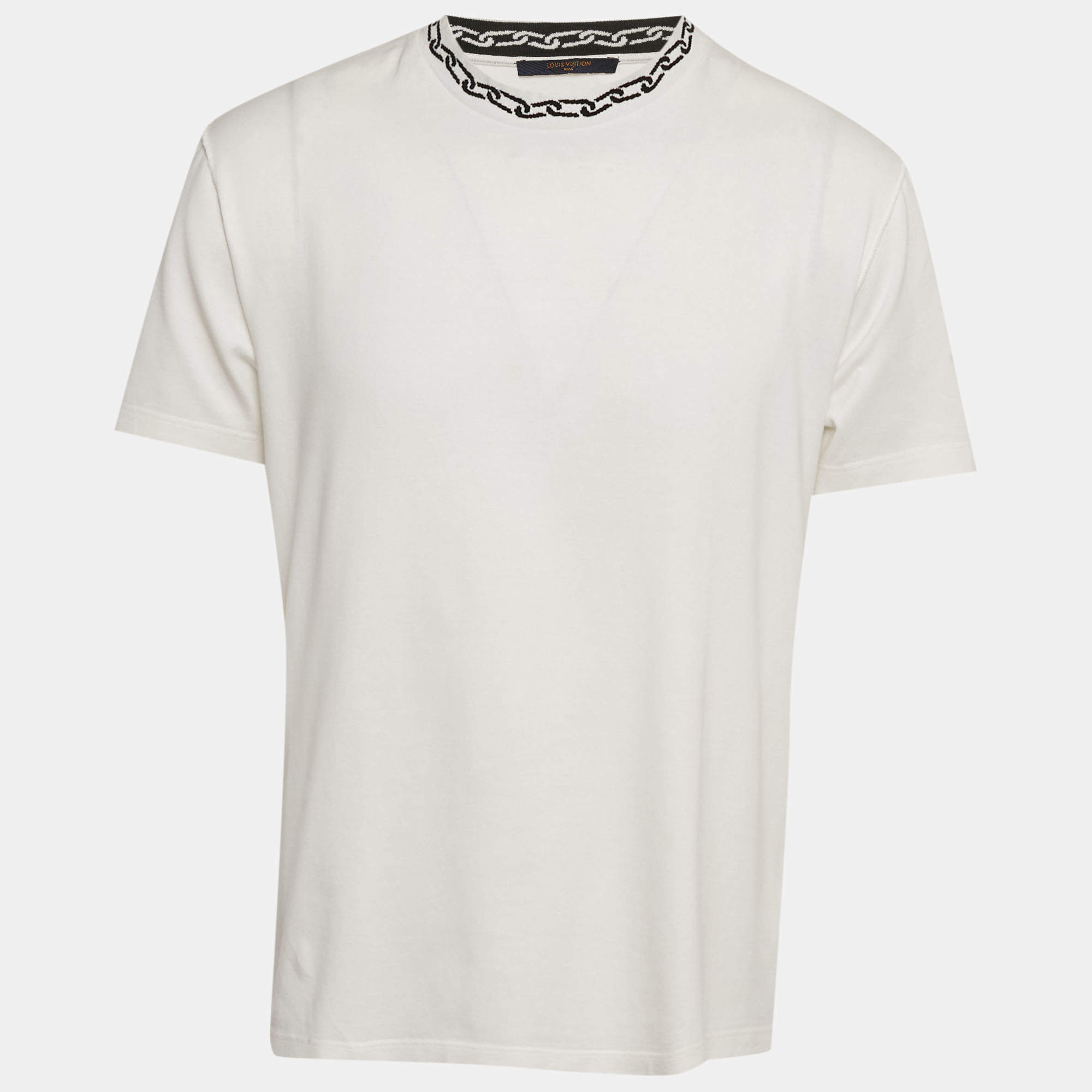 Pre Owned Louis Vuitton White Chain Neck Intarsia Jersey Crewneck T-Shirt M