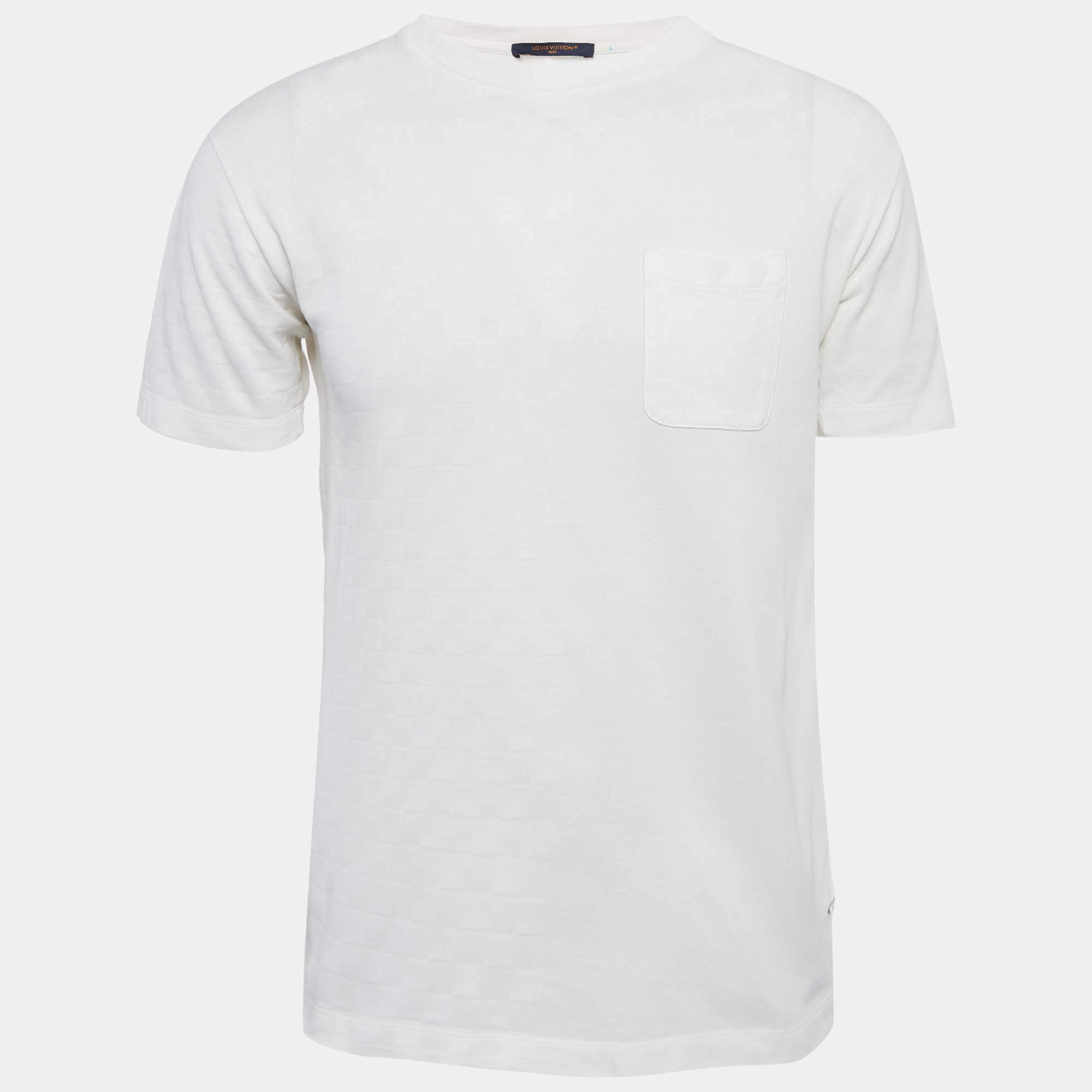 Pre Owned Louis Vuitton White Damier Jersey Crewneck T-Shirt S