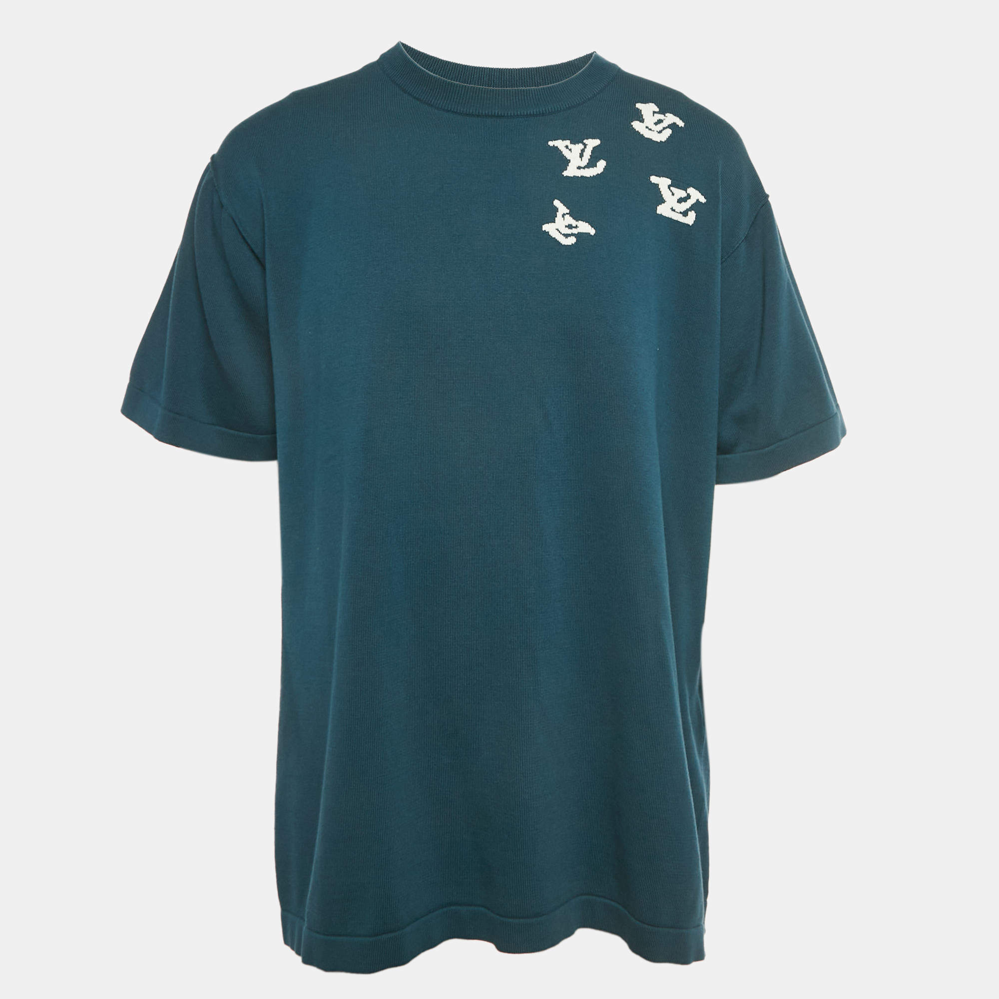 Pre Owned Louis Vuitton Blue Intarsia Cotton Knit Crewneck T-Shirt XL