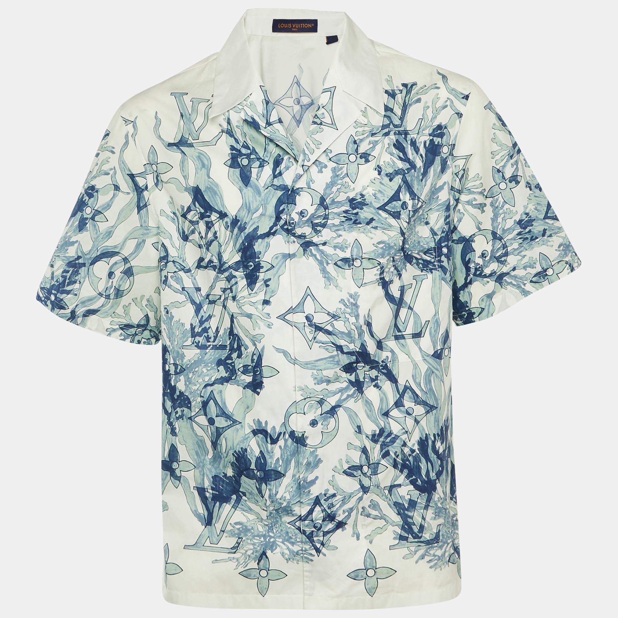 Pre Owned Louis Vuitton White /Blue Aqua Garden Monogram Button Up Shirt S
