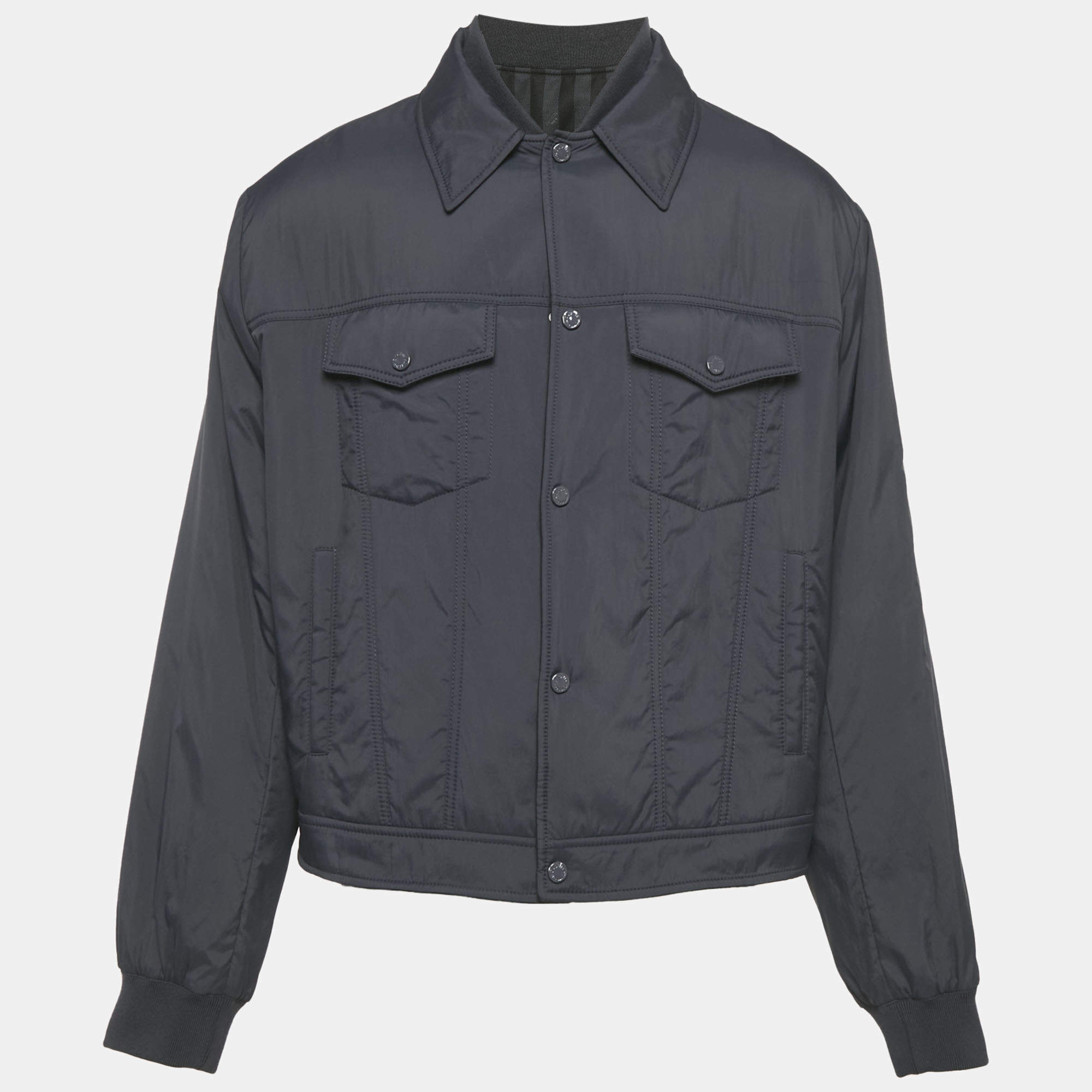 Pre Owned سترة لوي فيتون صوف مخطط أزرق كحلي وألياف صناعية قابلة للعكس مقاس كبير جدًا - إكس لارج