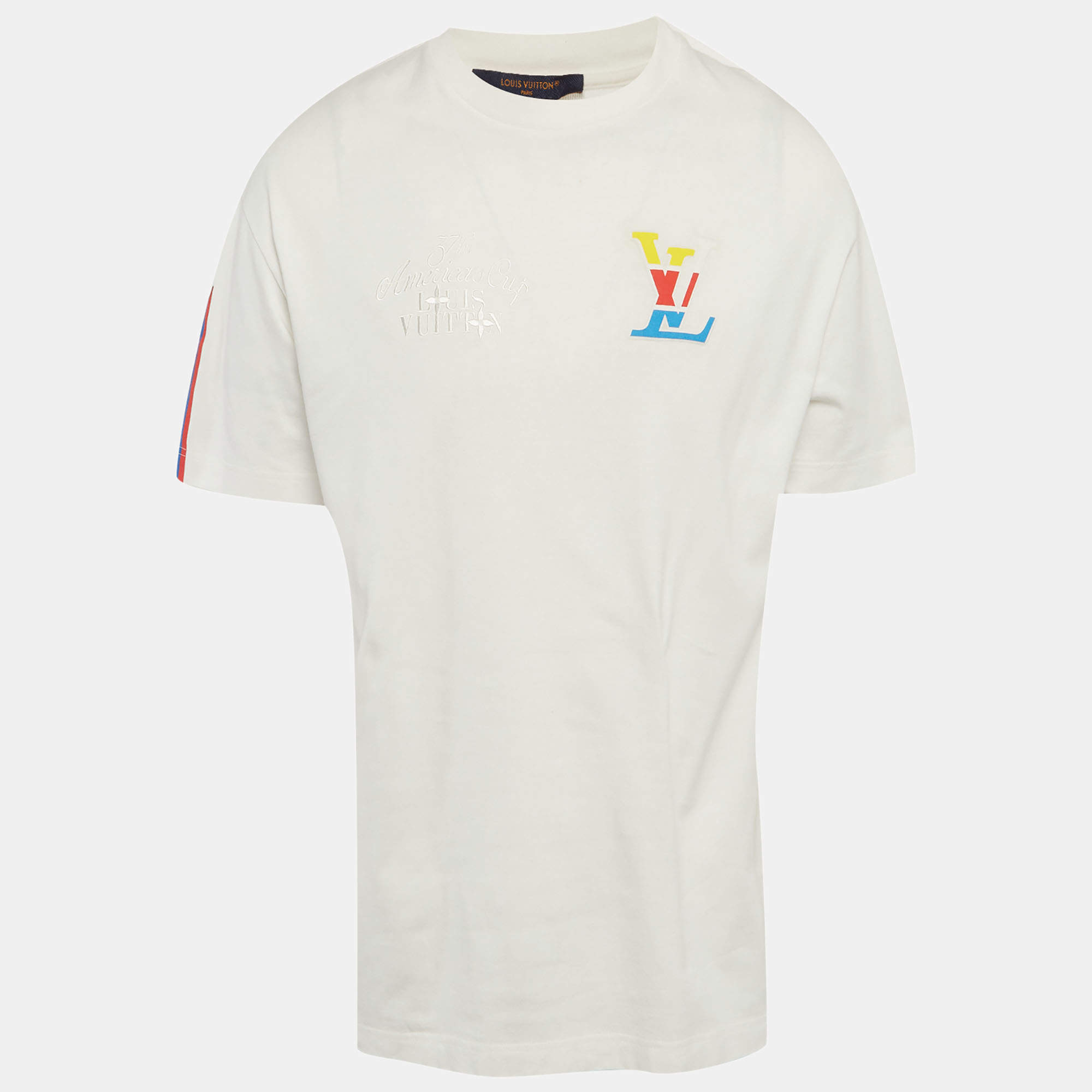 Pre Owned تي شيرت لوي فيتون مطبوع شعار الماركة نقش أبيض جيرسي مقاس متوسط