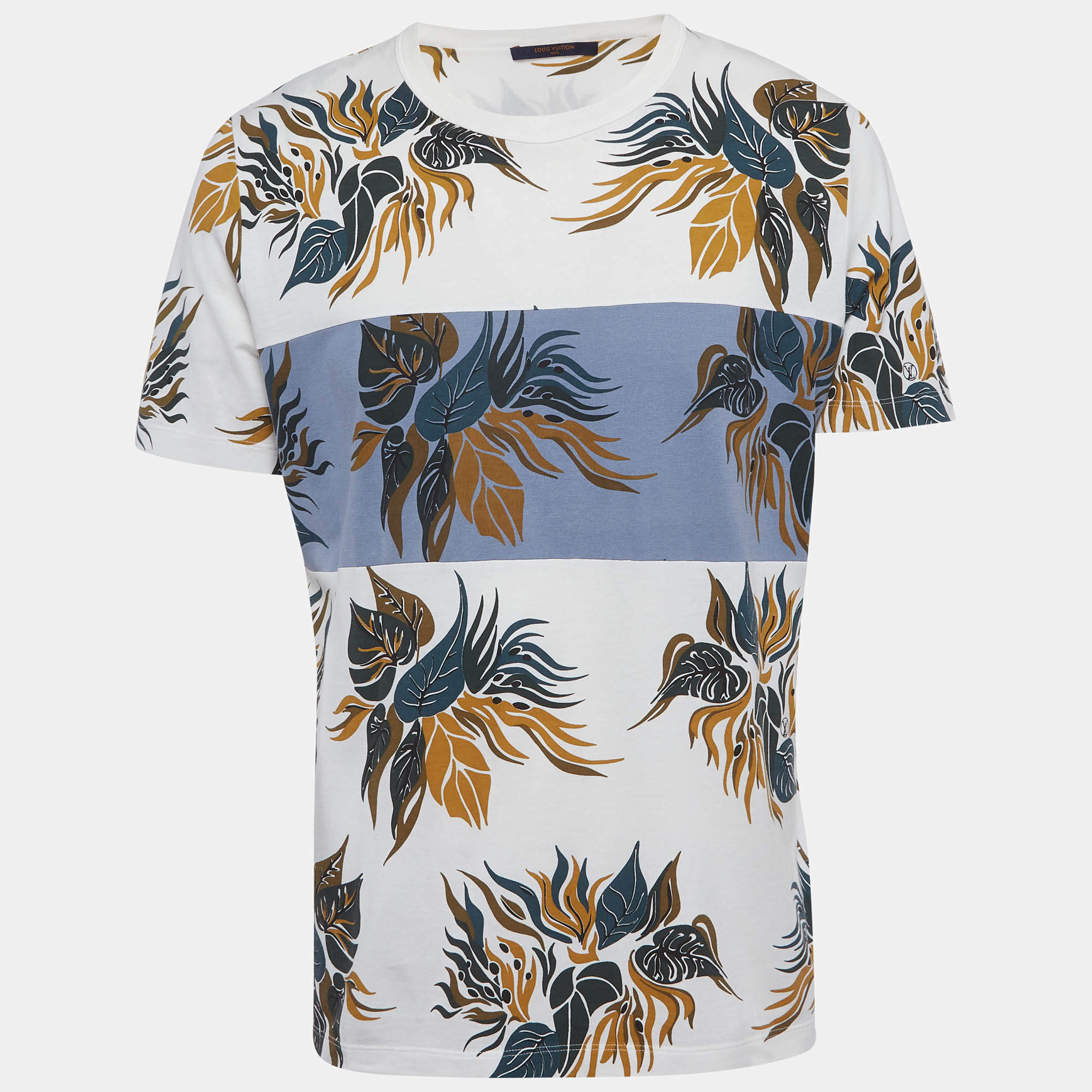 Pre Owned Louis Vuitton White/Blue Striped Floral Print Jersey T-Shirt L