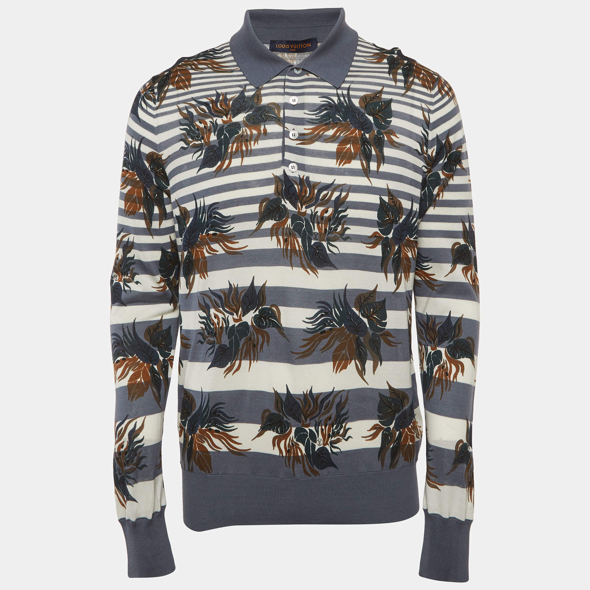 Pre Owned تي شيرت لوي فيتون قطن مخطط أزرق زهور بولو مقاس كبير