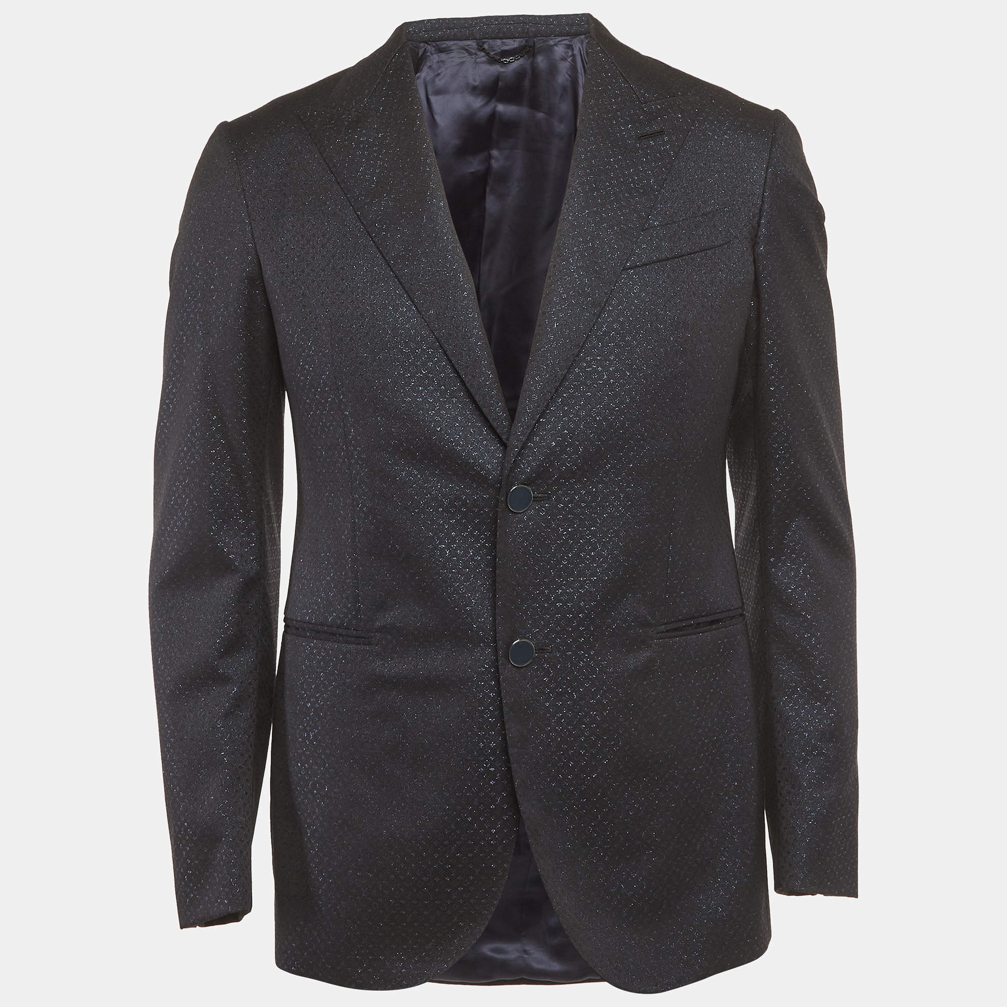 Pre Owned Louis Vuitton Navy Blue Wool Blend Monogram Shimmer Blazer M 