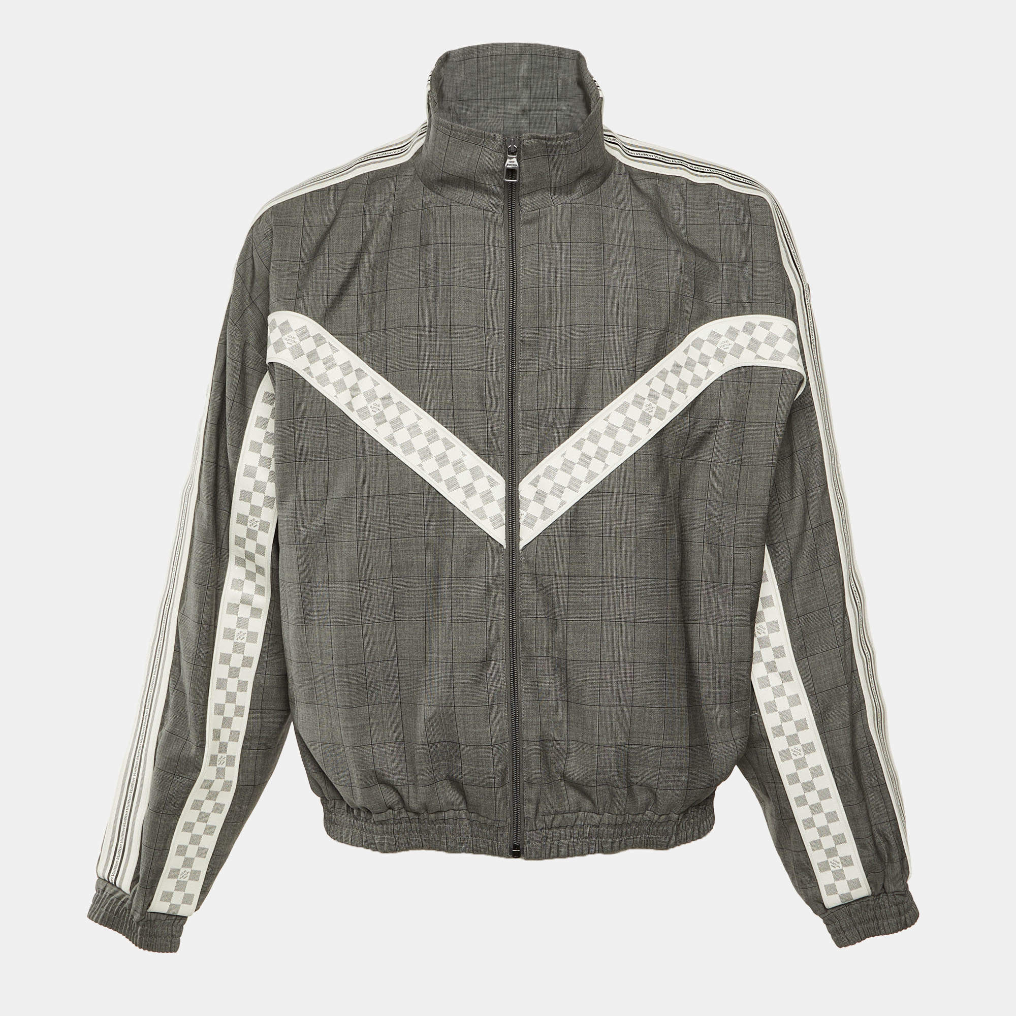 مملوكة مسبقًا Louis Vuitton Grey Checked Wool Damier Canvas Trim Track Jacket XXL