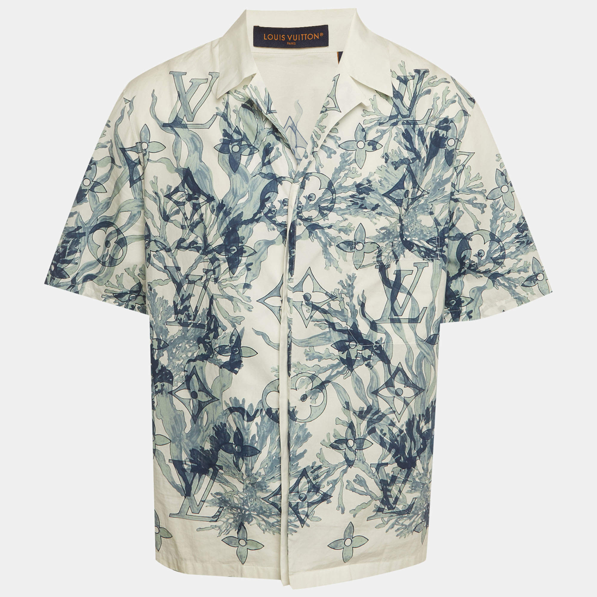 Pre Owned Louis Vuitton Blue/White Printed Cotton Short Sleeve Shirt M