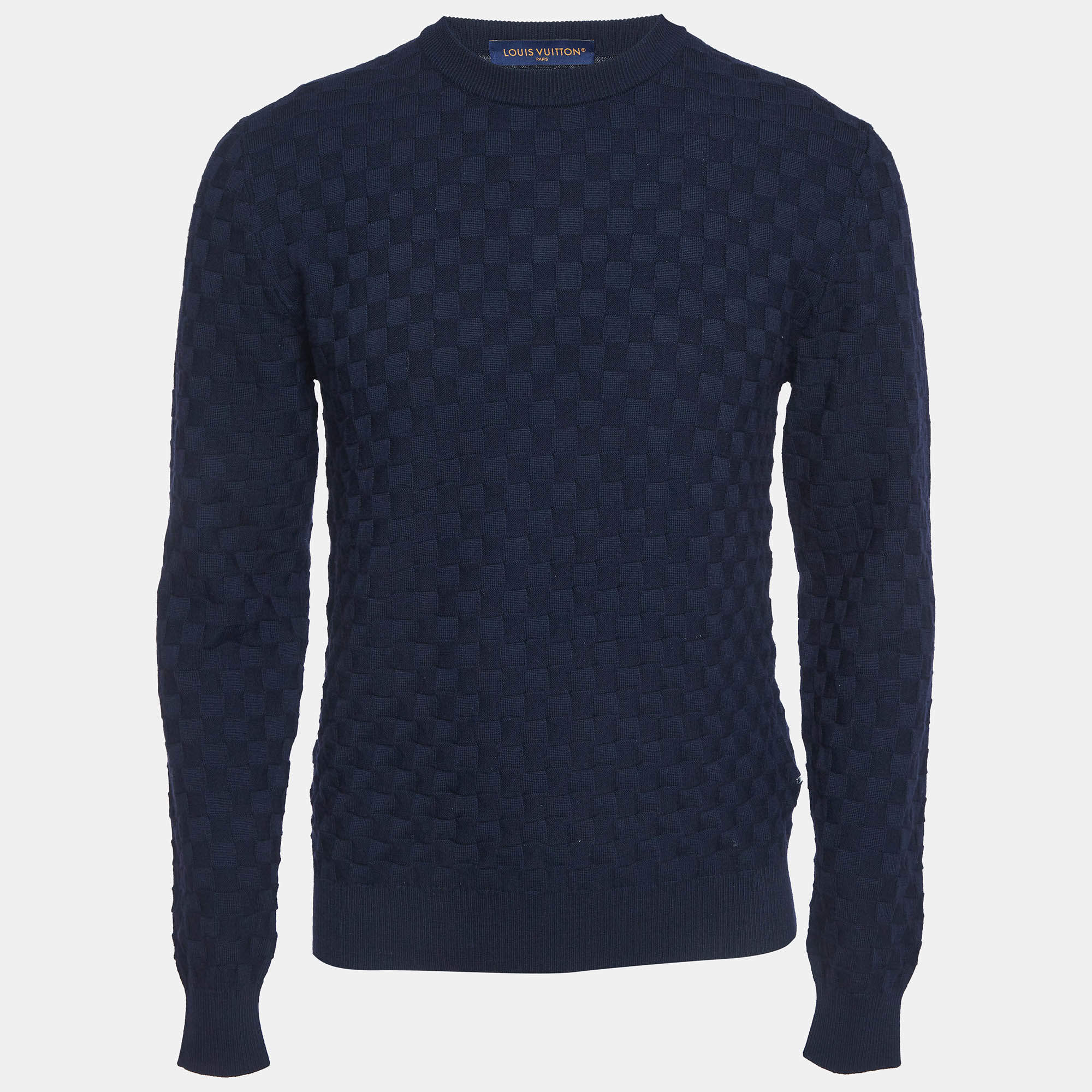 Pre Owned Louis Vuitton Navy Blue Damier Wool Knit Sweater M