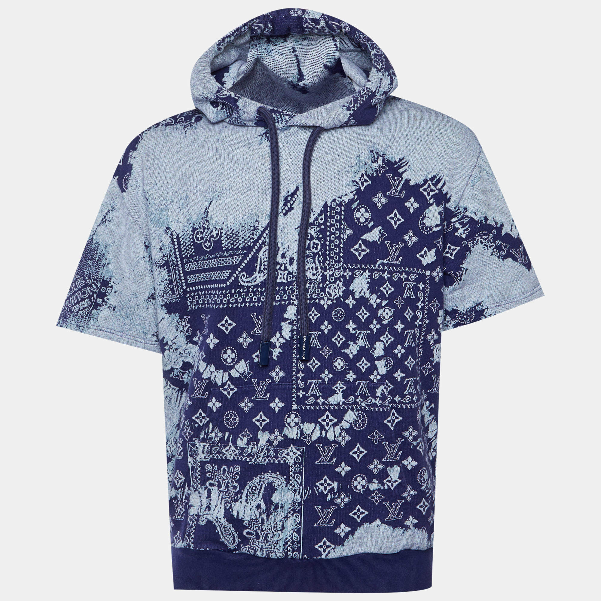 Pre Owned Louis Vuitton Blue/White Monogram Cotton Jacquard Bandana Hoodie L