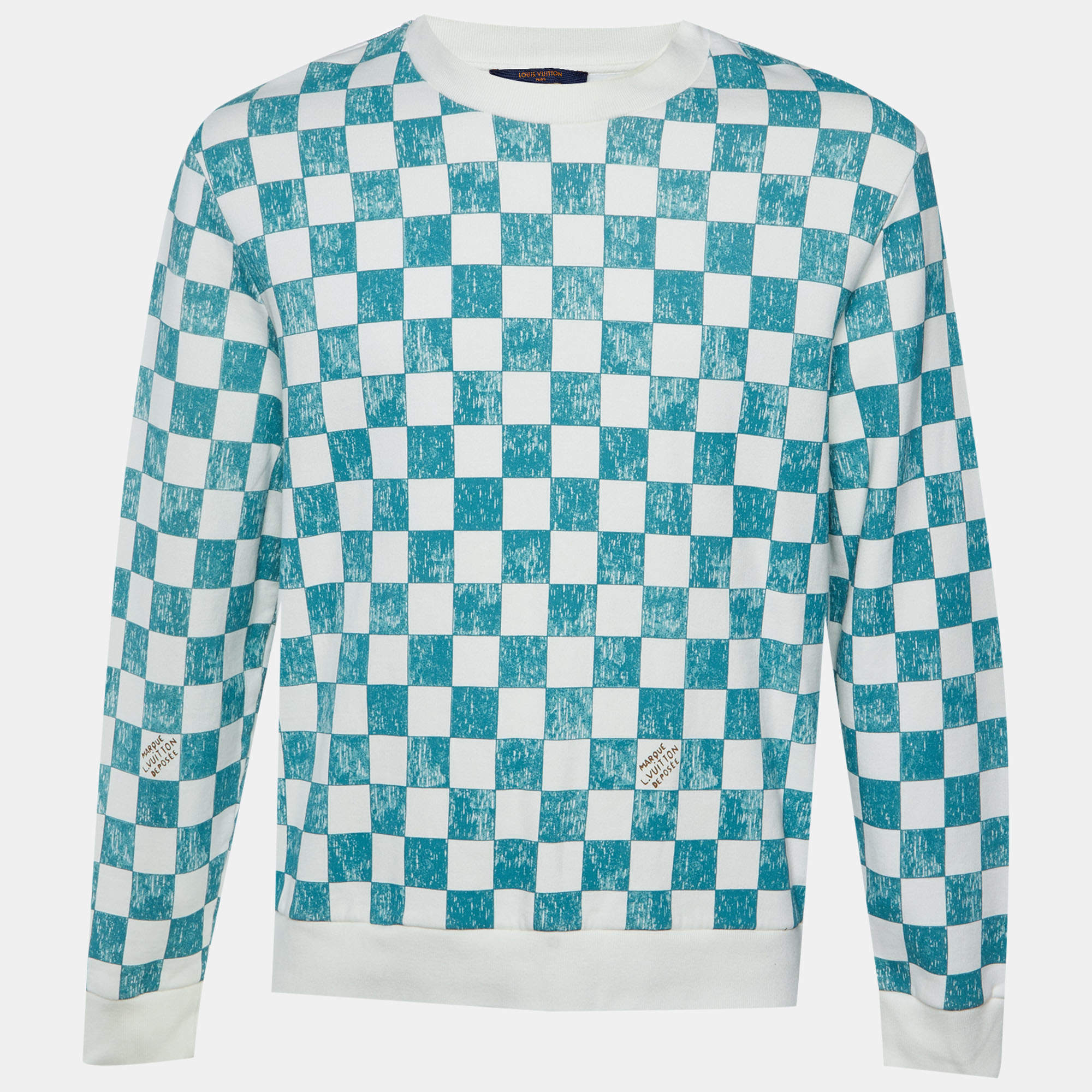 Pre Owned Louis Vuitton White/Green Damier Print Cotton Knit Sweatshirt L