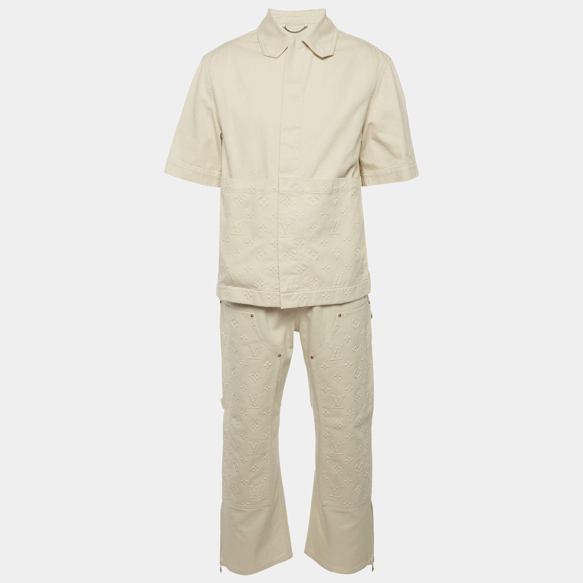 Pre Owned Louis Vuitton Beige Embossed Monogram Denim Shirt and Pants Set S/M