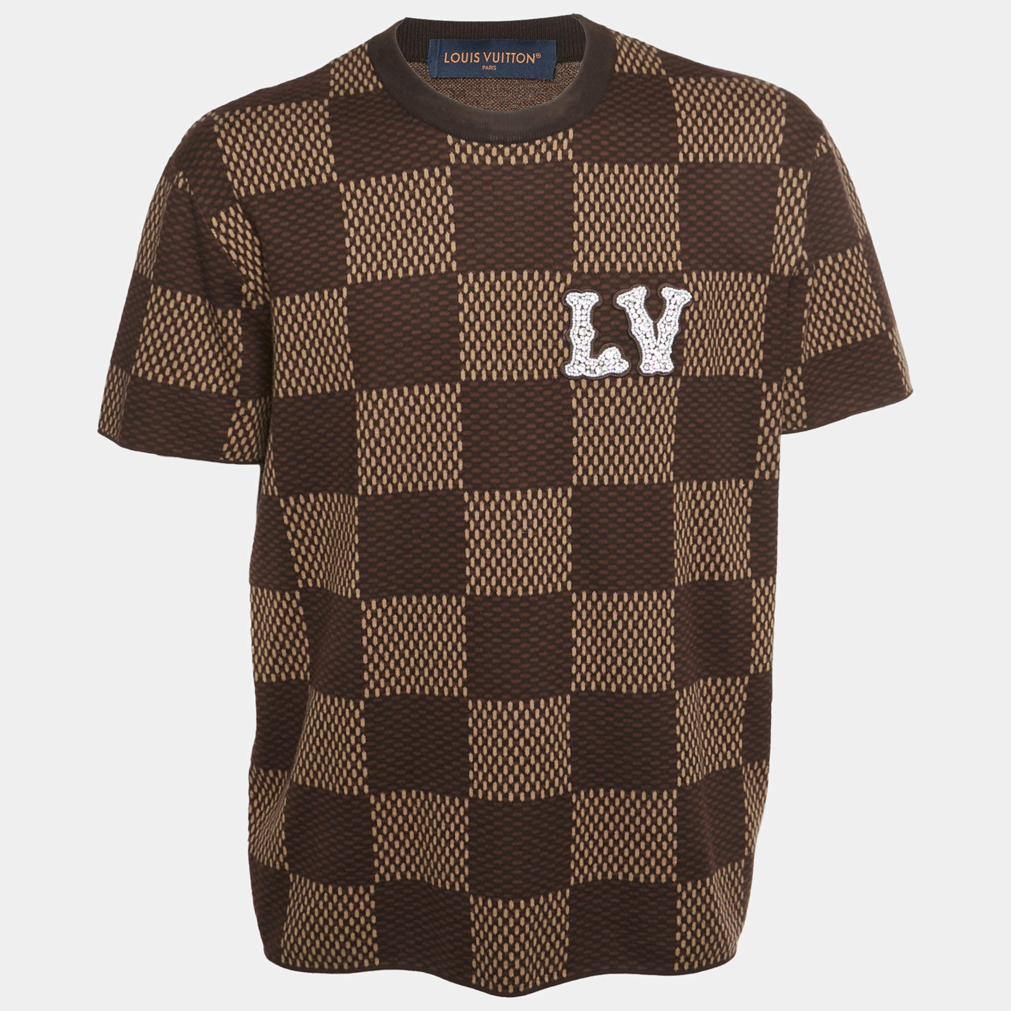 Pre Owned Louis Vuitton Brown Damier Cotton Knit Crewneck T-Shirt L