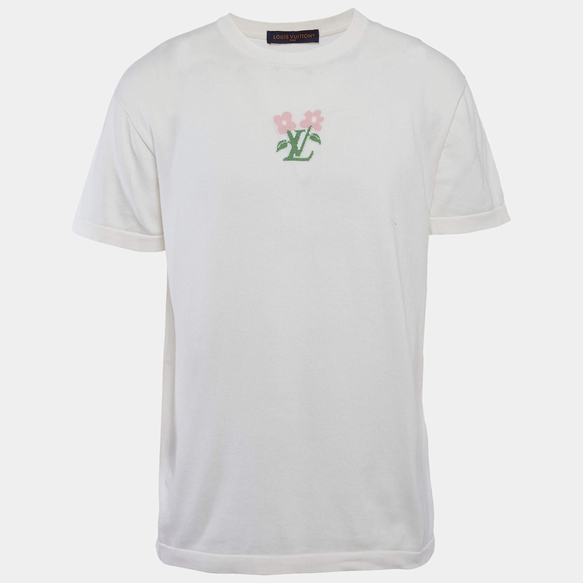 Louis Vuitton White Floral Logo Intarsia Knitted T-Shirt M Louis