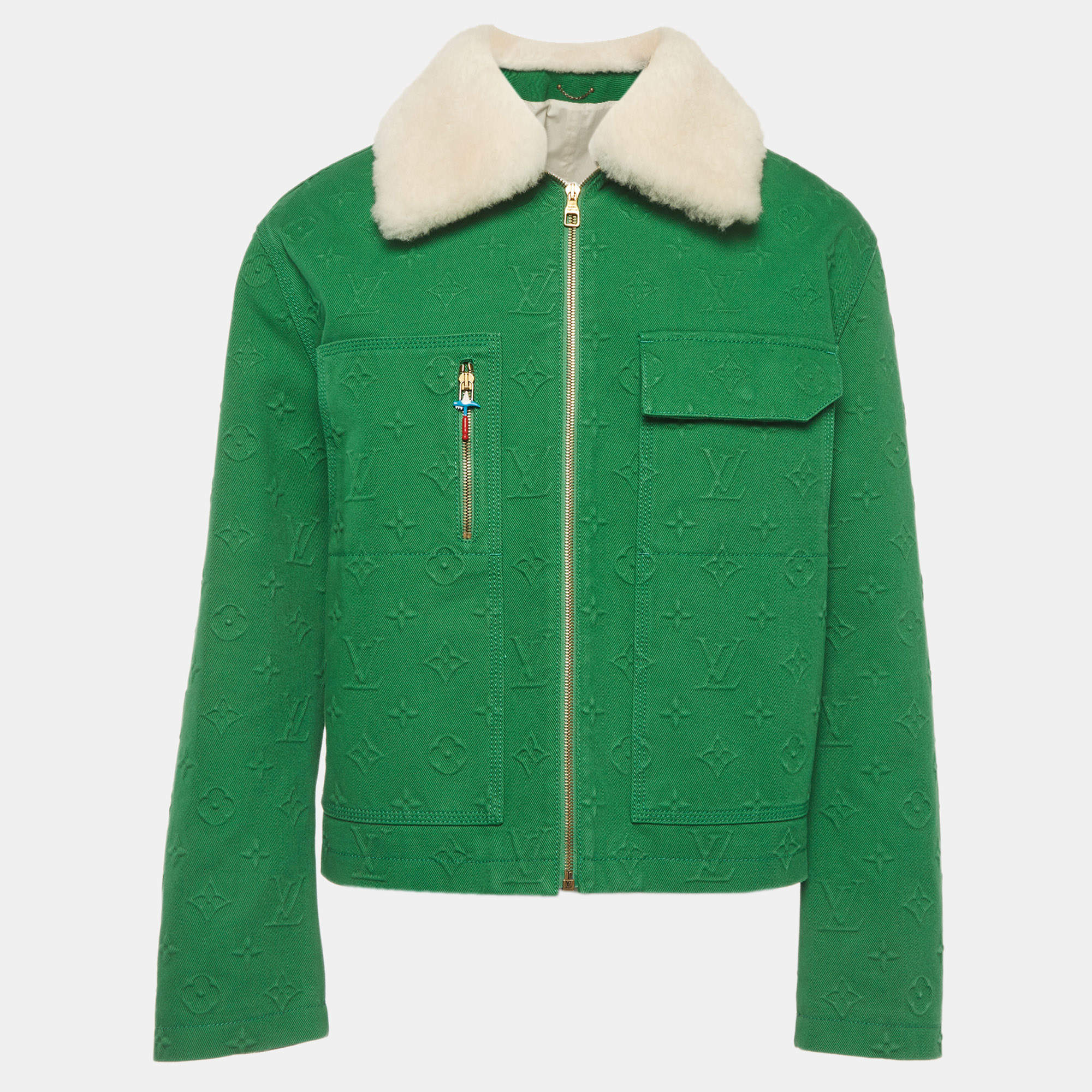 Pre Owned Louis Vuitton Green Embossed Logo Denim and Shearling Collar Jacket XL