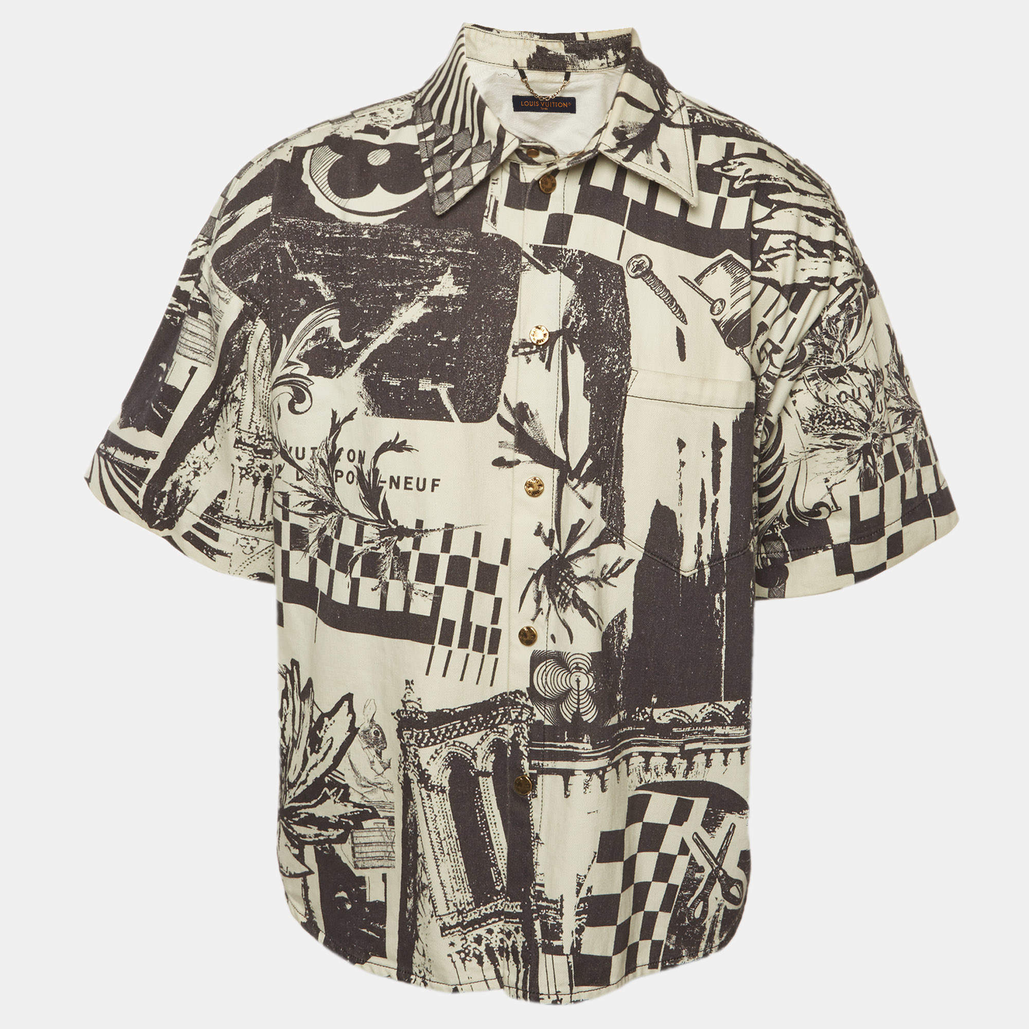 Pre Owned Louis Vuitton Black/White Graphic Print Denim Short Sleeve Shirt XL