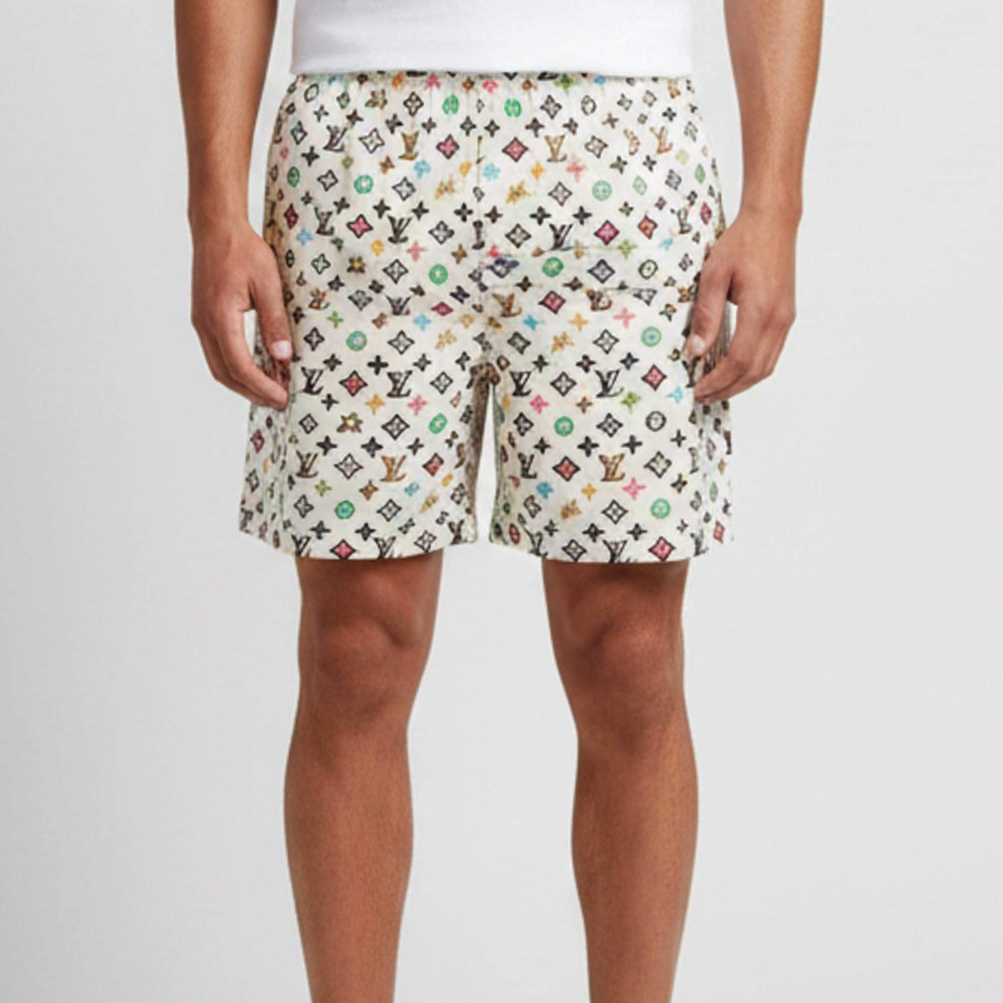 مملوكة مسبقًا Louis Vuitton Cream Multicolour Monogram Print Silk Shorts XXL